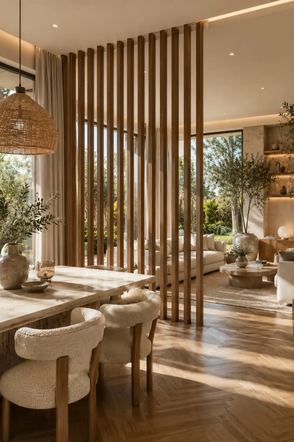 Glass partition with vertical wooden slats separating a dining room and living room featuring oak flooring, woven pendant light, neutral furniture, indoor greenery, Scandinavian inspired décor, open concept layout, and modern luxury interior.