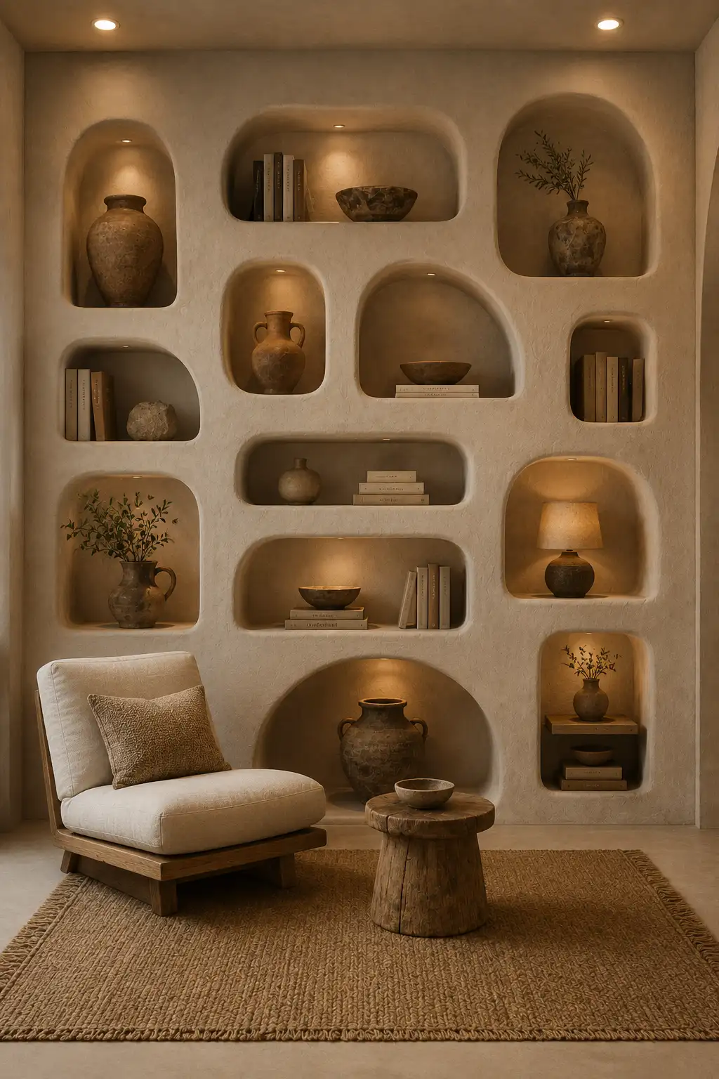 Organic plaster niche bookshelf wall featuring irregular rounded openings, warm textured finishes, built in spotlights, neutral books, aged ceramic pottery, stone bowls, simple greenery, a low wooden lounge chair, rustic side table, and natural woven rug.