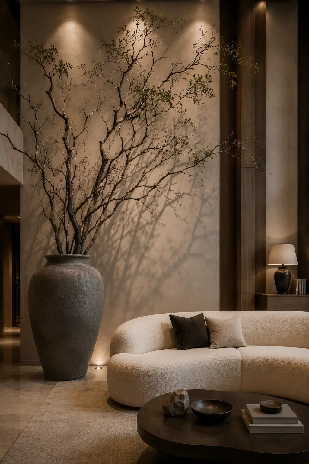 Elegant high ceiling living room featuring an oversized textured ceramic floor vase filled with extra tall natural sculptural branches, dramatic organic shadows across a warm neutral wall, curved cream boucle sofa, dark wood coffee table, stacked books, and soft ambient lighting.
