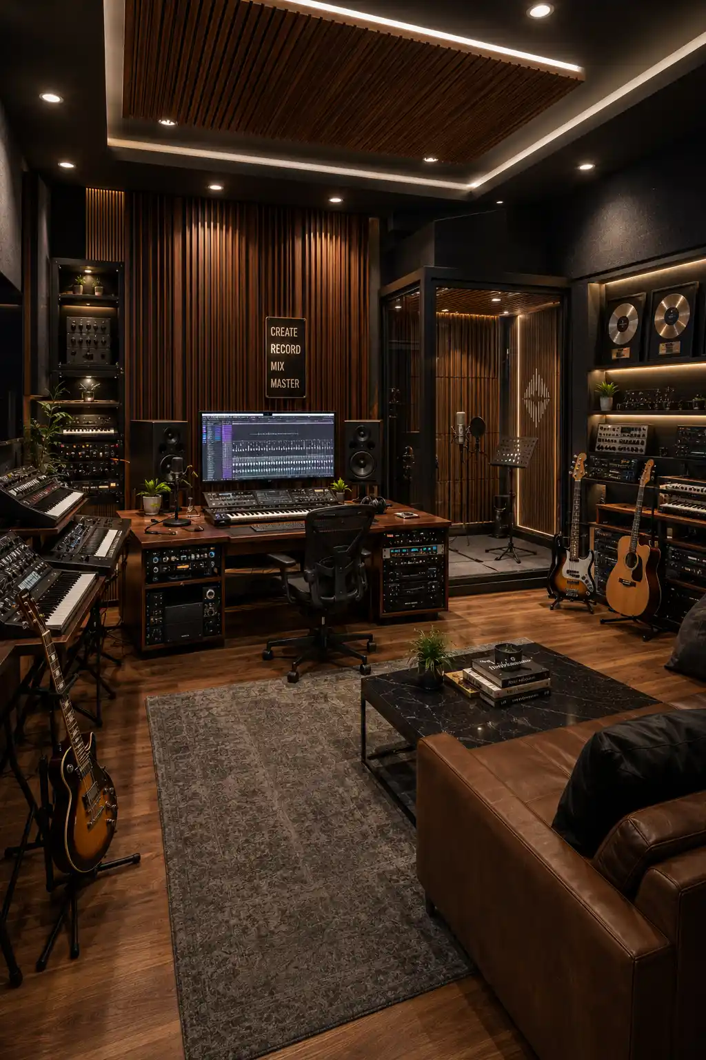 Luxury home recording studio featuring professional music production desk, studio monitors, acoustic wall panels, vocal recording booth, guitars on display, premium mixing workstation, elegant wood finishes, LED ambient lighting, organized recording equipment, modern music producer workspace, stylish hobby room ideas, luxury recording studio inspiration, professional home music studio.