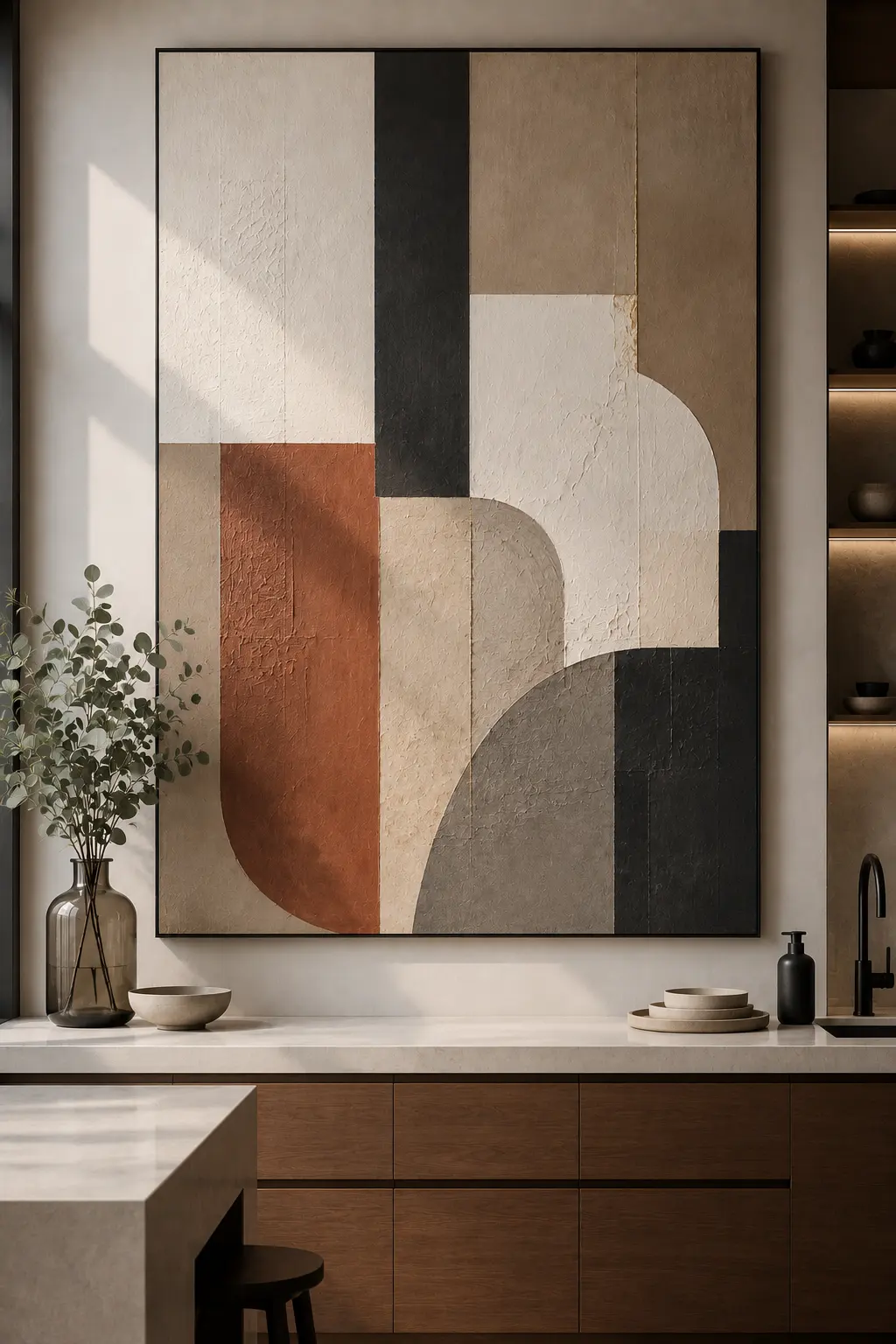 Oversized contemporary color block canvas featuring geometric shapes in beige, terracotta, charcoal, and ivory displayed above a modern kitchen with wood cabinets, minimalist decor, and luxury wall styling.