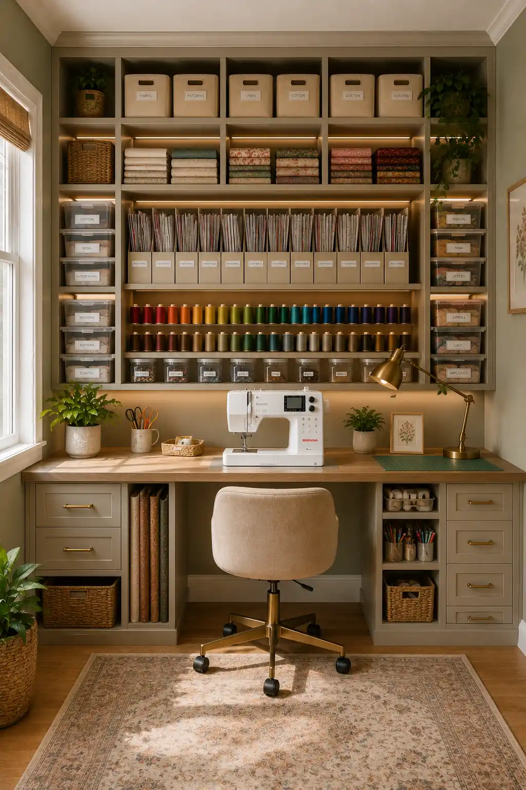 Beautiful small sewing room with layered task lighting, custom sewing workstation, illuminated storage shelves, organized thread racks, folded fabric storage, premium cabinetry, and bright small sewing room lighting ideas for comfortable everyday sewing.