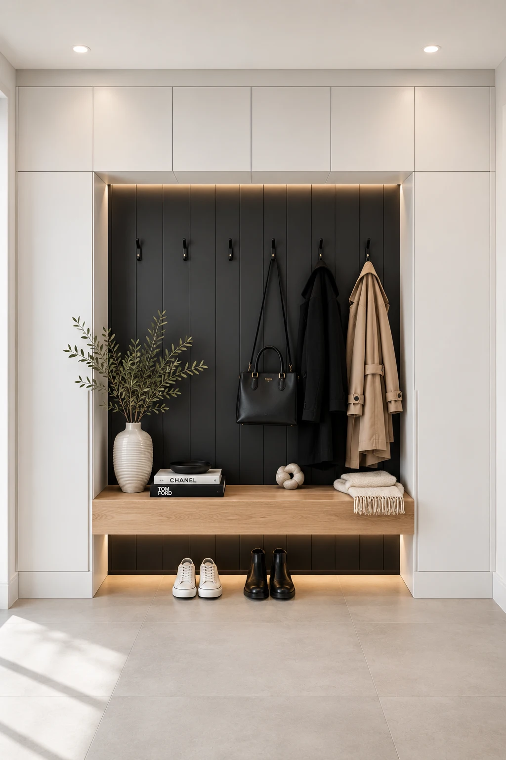 Modern IKEA mudroom with dramatic black accent wall, floating oak bench, concealed overhead cabinets, matte black hooks, decorative accessories, under bench lighting, and sleek entryway storage with contemporary appeal.