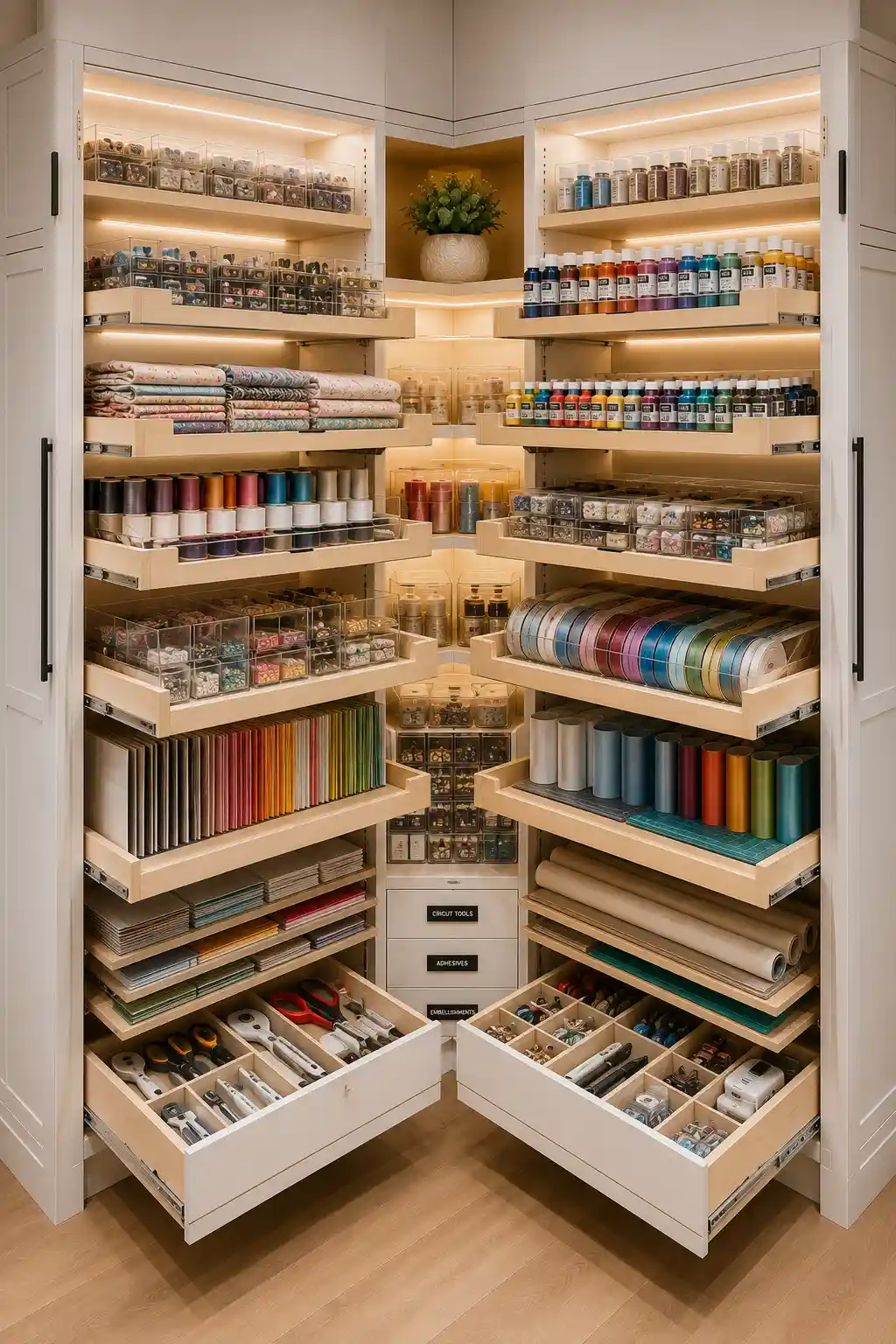 Custom corner craft storage cabinet with pull out shelves organizing vinyl rolls, cardstock, ribbon spools, paints, fabric, Cricut tools, acrylic storage bins, deep drawers, LED lighting, and smart corner craft room storage ideas that maximize unused space with beautiful custom organization.