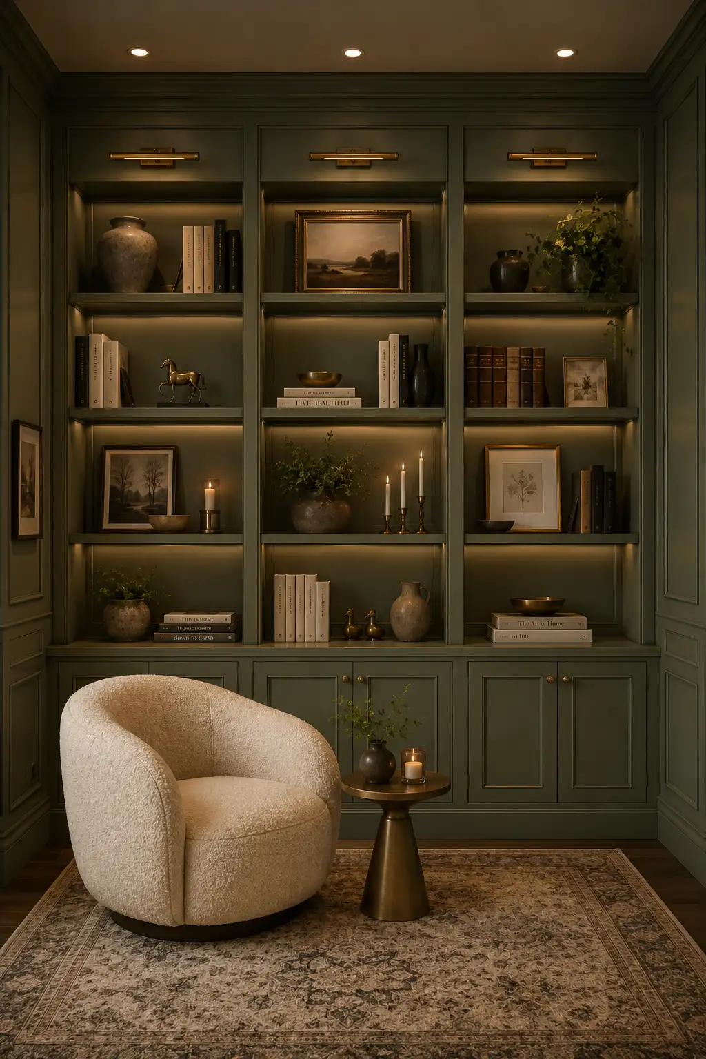 Color drenched olive green built in bookshelf wall with floor to ceiling shelving, warm integrated lighting, picture lights, neutral books, framed landscape art, aged pottery, brass accents, candles, natural greenery, a cream boucle chair, and vintage style rug.