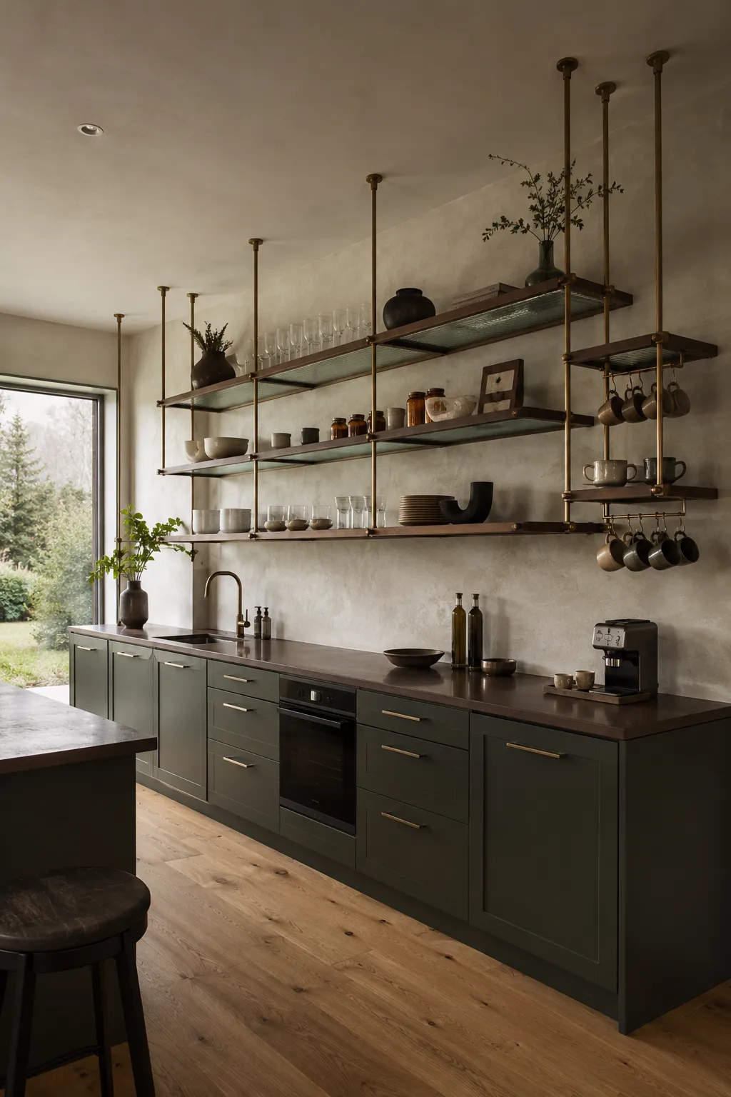 Modern kitchen featuring ceiling suspended open shelving with slim aged brass supports, dark wood frames, textured glass shelf inserts, hanging mug rails, ceramic bowls, clear glassware, pantry jars, dark pottery, greenery, deep green cabinetry, and warm wood flooring.