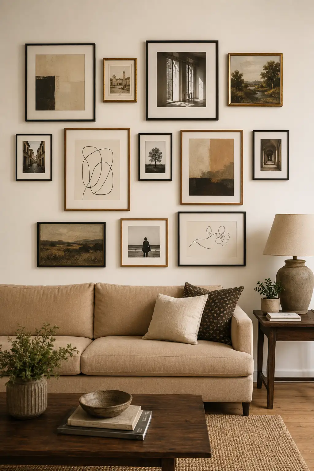 Warm modern living room featuring a curated gallery wall with abstract art, black and white photography, architectural prints, line drawings, and landscape paintings in mixed black, wood, and brass frames above a neutral sofa with layered earthy decor.
