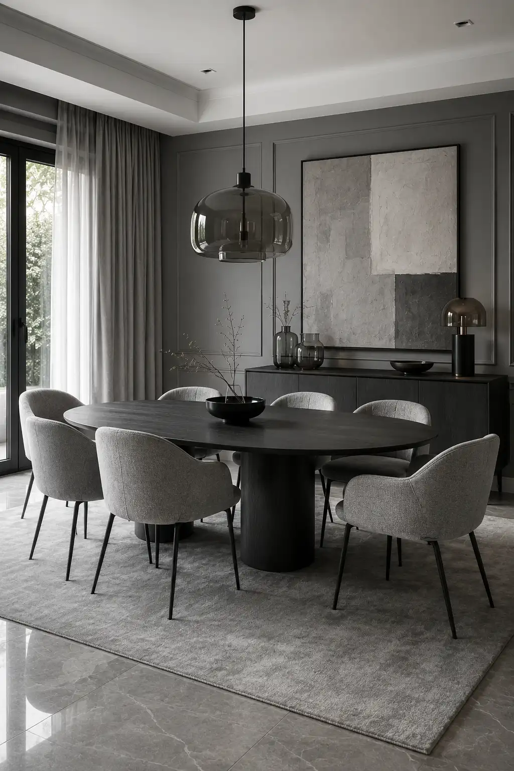 Monochromatic modern dining room featuring a charcoal oval dining table, light gray curved upholstered chairs, smoked glass pendant light, layered gray wall molding, tonal abstract artwork, matte charcoal sideboard, smoky glass decorative objects, soft gray curtains, and a large textured gray area rug.