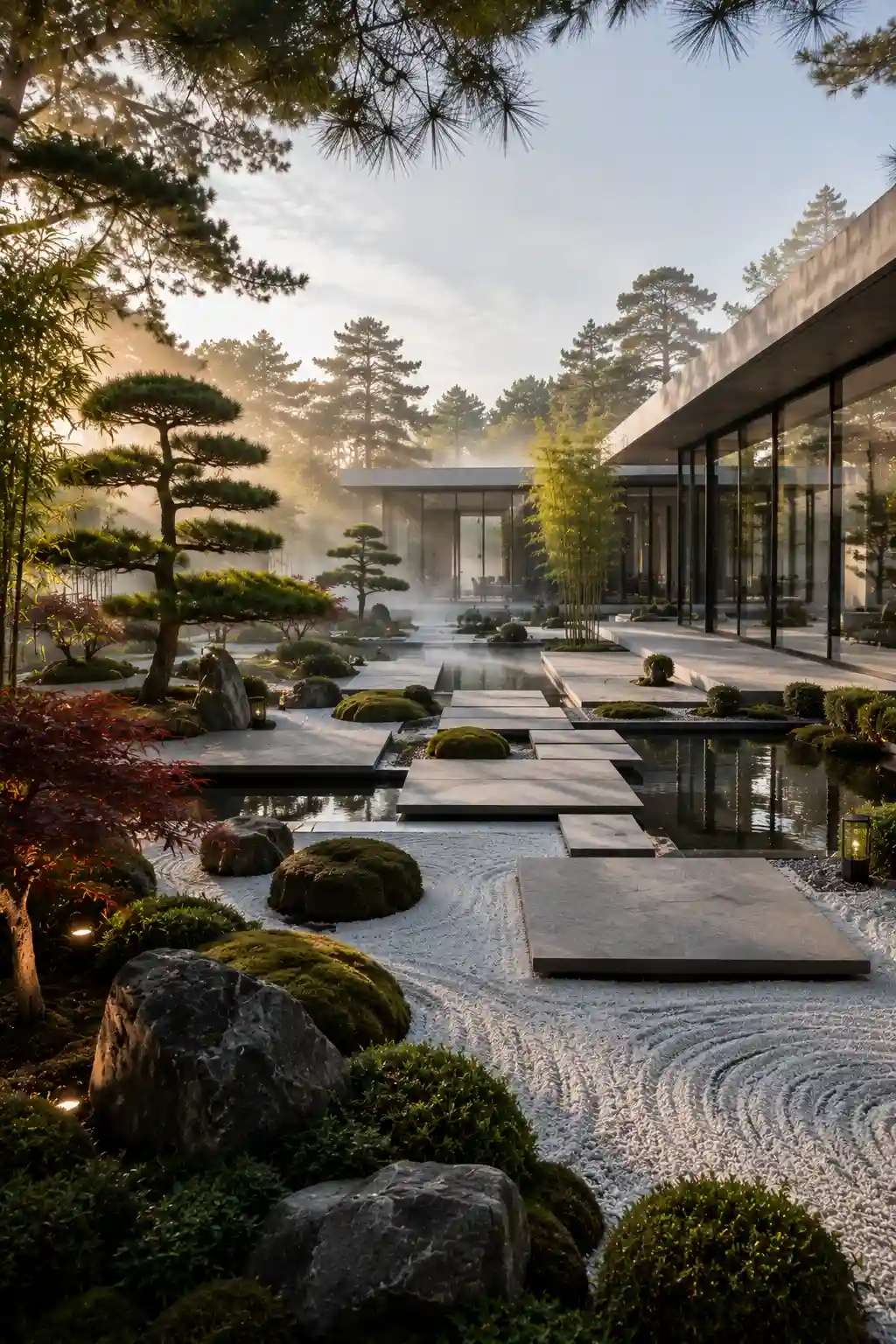 Contemporary Zen garden featuring raked gravel, floating concrete stepping stones, reflecting water feature, sculptural rocks, Japanese maple trees, pine trees, minimalist landscape architecture, luxury meditation garden, elegant outdoor sanctuary, modern Japanese garden design, premium backyard landscaping, and timeless contemporary garden inspiration.