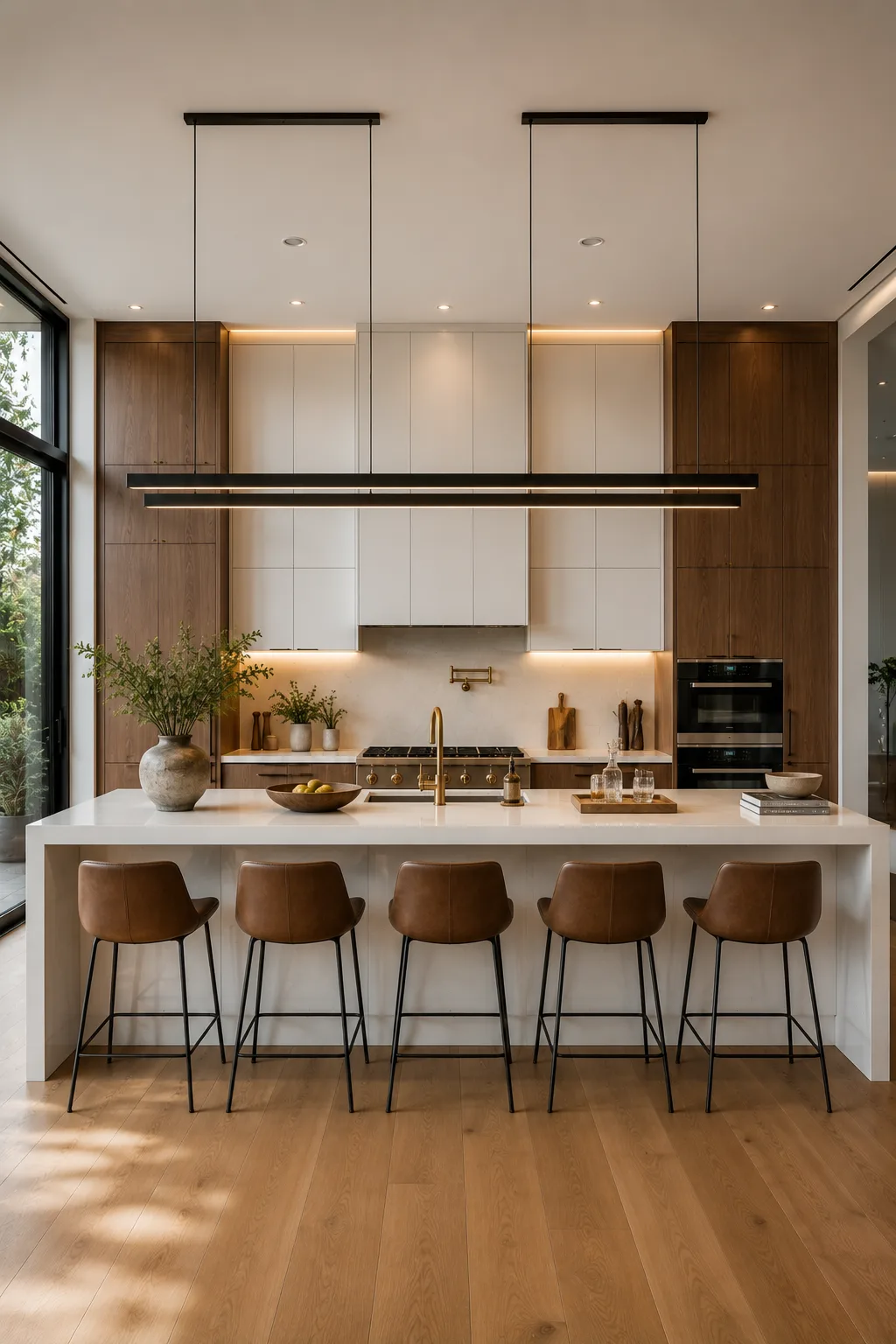 Modern two tone kitchen with sleek linear LED pendant lighting above a long white waterfall kitchen island, walnut wood cabinets, white upper cabinetry, leather counter stools, brushed brass faucet, warm ambient lighting, minimalist contemporary kitchen design, luxury kitchen island lighting ideas, linear pendant light inspiration