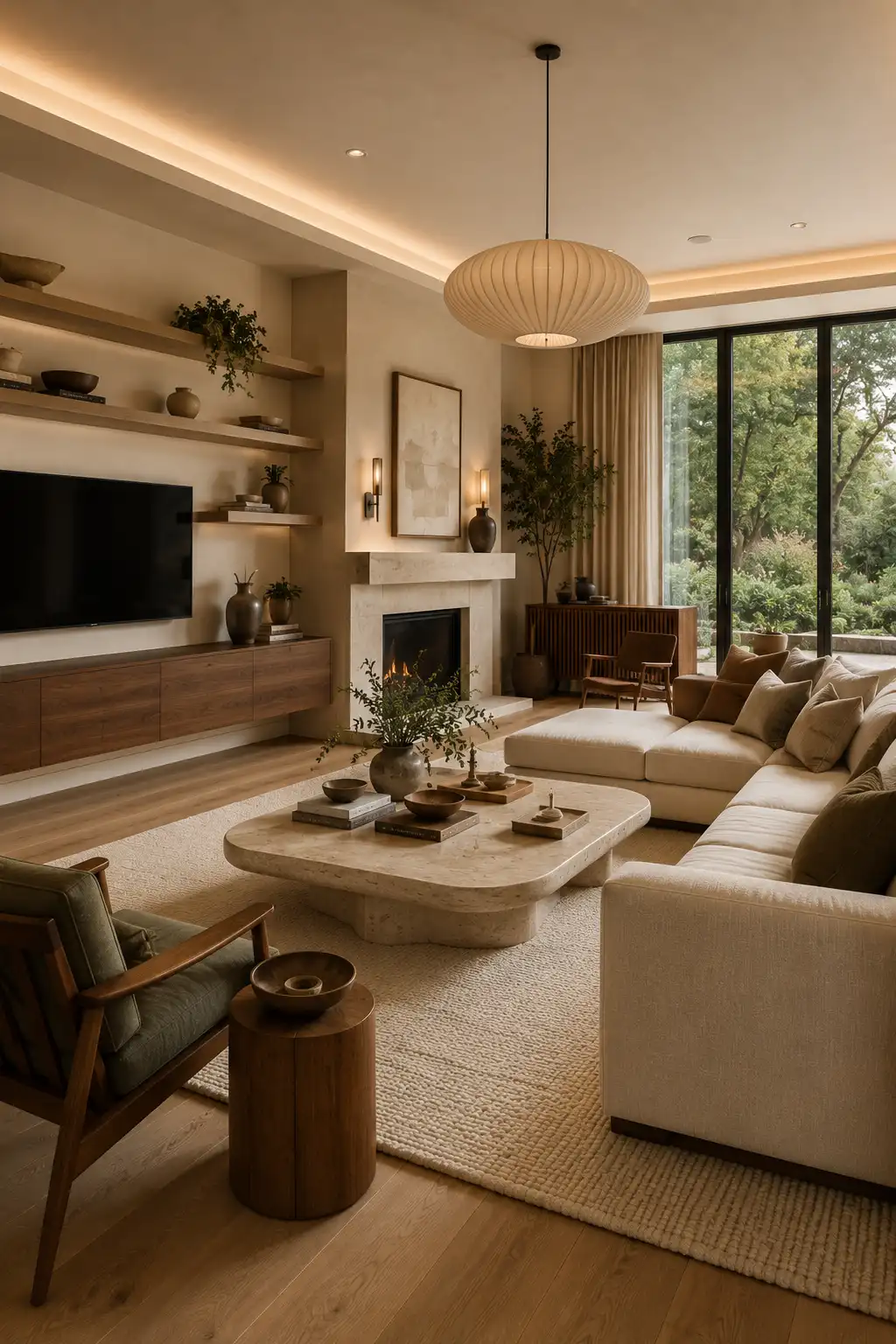 Elegant mid century modern feature wall with floating walnut shelves, limestone fireplace, floating media cabinet, oversized sectional sofa, sculptural stone coffee table, warm layered lighting, floor to ceiling windows, luxury contemporary living room, timeless designer home inspiration.