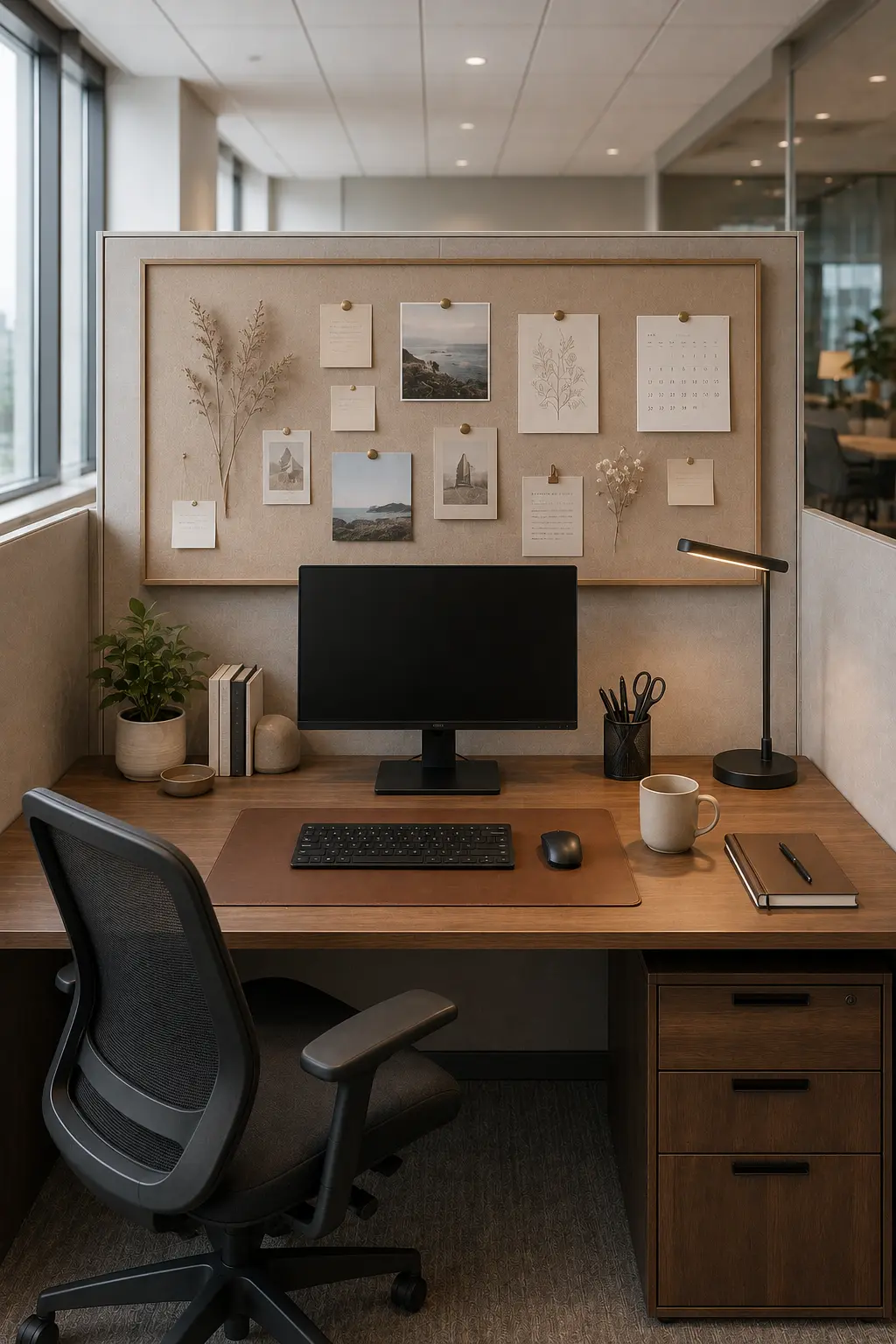 Functional cubicle decor ideas with a linen bulletin board, inspirational notes, botanical prints, monthly calendar, modern office desk, leather desk mat, desk lamp, indoor plant, organized workspace, and stylish office organization inspiration.