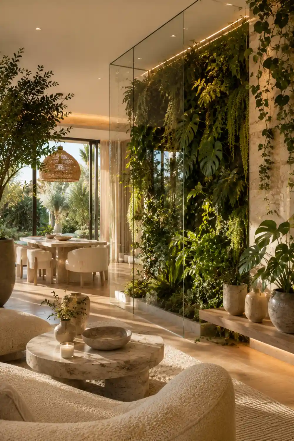 Floor to ceiling glass partition with lush indoor vertical garden featuring tropical plants, monstera leaves, cascading vines, modern living room, natural stone accents, woven lighting, warm daylight, biophilic design, and luxury home interior.