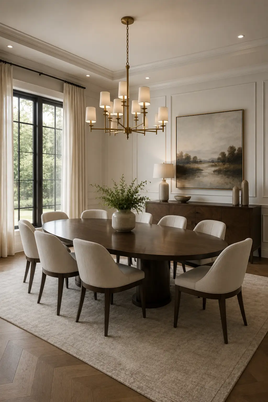 Transitional modern dining room featuring a large dark walnut oval dining table, elegant cream upholstered chairs, aged brass chandelier with fabric shades, classic white wall molding, landscape artwork, dark wood sideboard, floor length neutral curtains, soft area rug, and warm natural daylight.