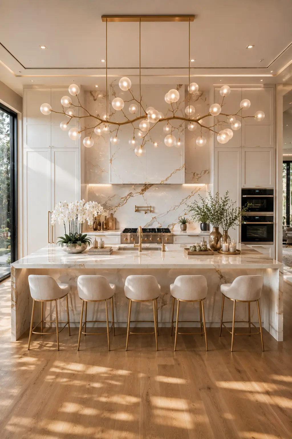 Luxury modern kitchen with sculptural branch chandelier above a marble waterfall kitchen island, white cabinetry with gold veined marble backsplash, brushed brass fixtures, upholstered white counter stools, fresh orchids, elegant decorative styling, warm ambient lighting, statement kitchen island lighting ideas, luxury modern kitchen inspiration, designer home interior