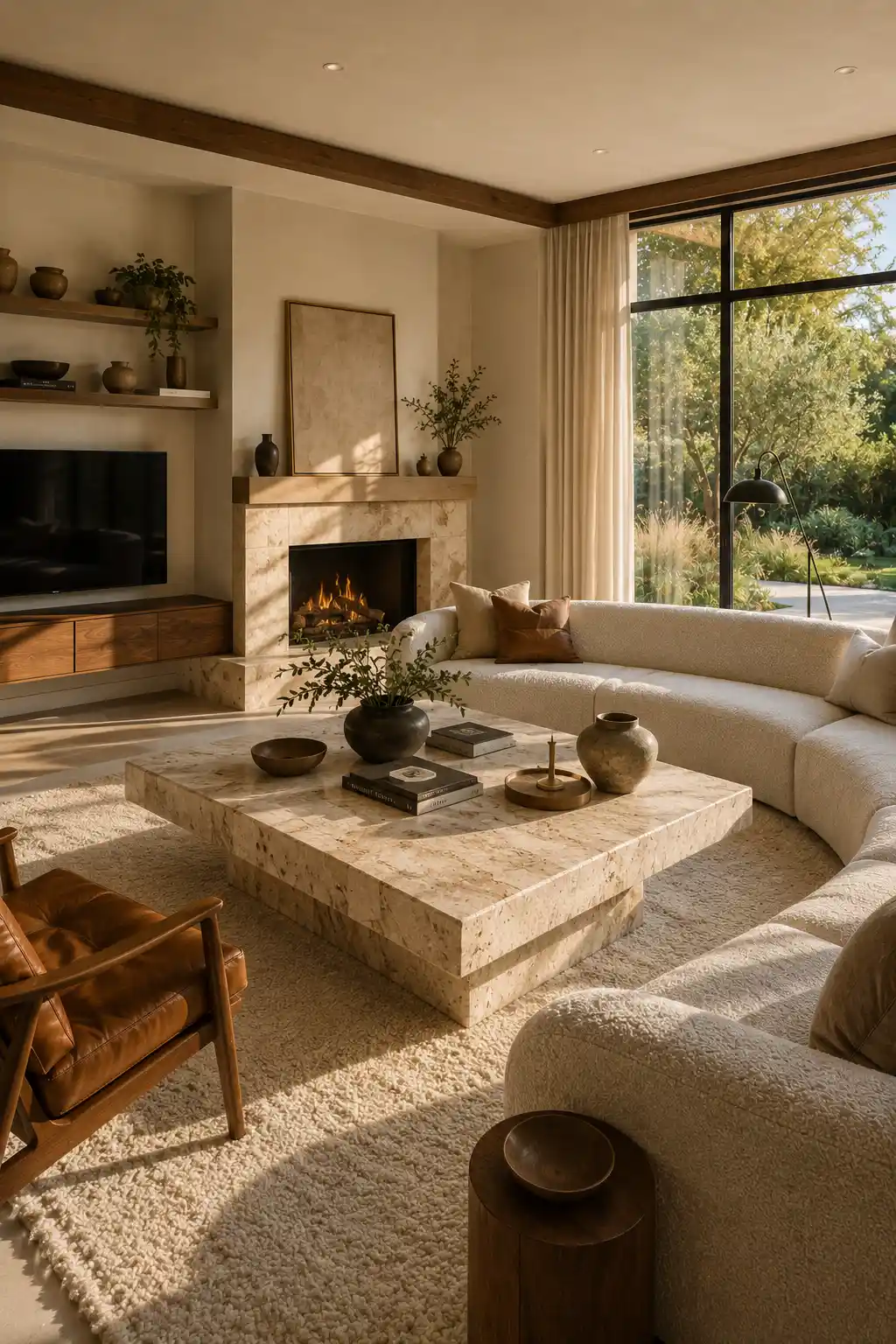 Luxury mid century modern living room centered around a large square travertine coffee table, curved cream sectional sofa, walnut leather lounge chair, stone fireplace, floating media wall, textured neutral rug, oversized windows, warm earthy decor, timeless modern interior inspiration.