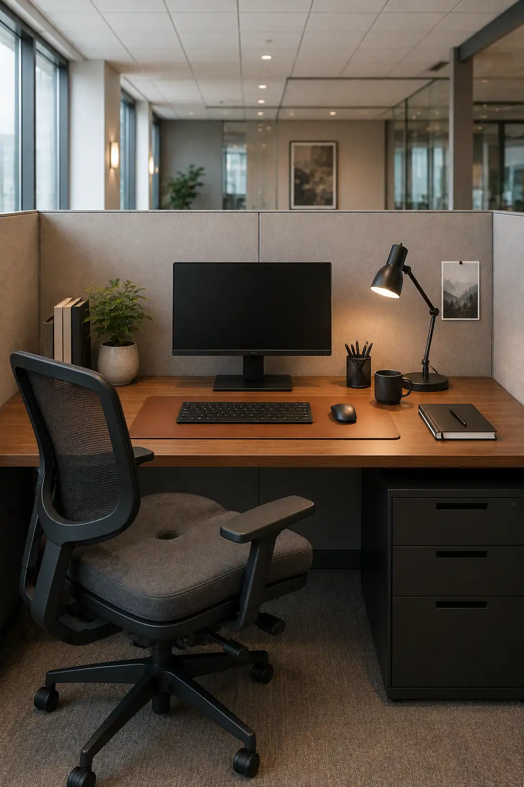 Comfortable cubicle decor ideas featuring an ergonomic office chair, leather desk mat, modern task lamp, wooden office desk, indoor plant, minimalist workspace organization, premium office setup, stylish desk accessories, and contemporary office inspiration.