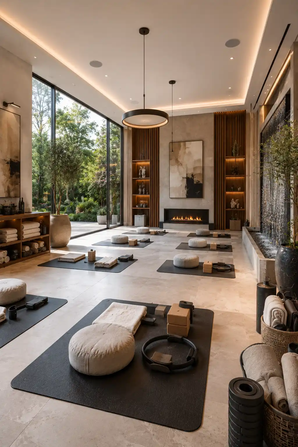 Luxury home yoga studio featuring peaceful meditation corner, premium yoga mats, natural wood flooring, oversized windows, indoor plants, modern fireplace, calming neutral decor, wellness shelving, floor cushions, soft natural daylight, spa inspired interior, relaxing hobby room ideas, elegant yoga room inspiration, luxury wellness room design.