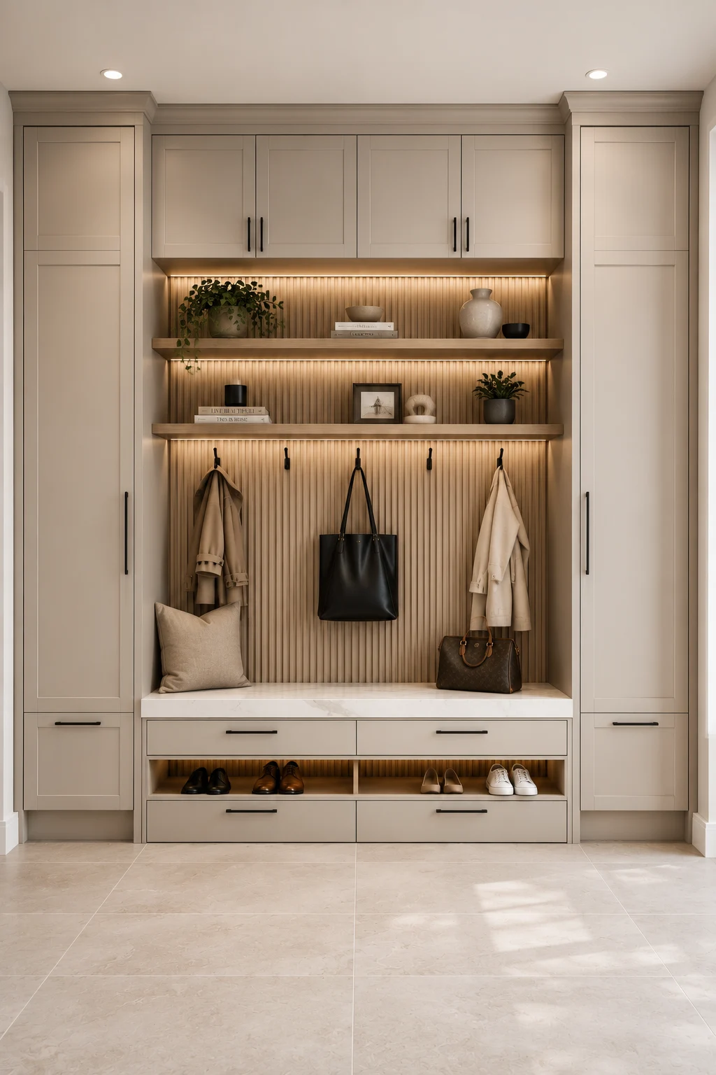 Designer IKEA mudroom with layered floating shelves, shaker cabinets, marble bench surface, integrated drawers, vertical slat wall, decorative styling, and custom built entryway storage with luxury modern finishes.