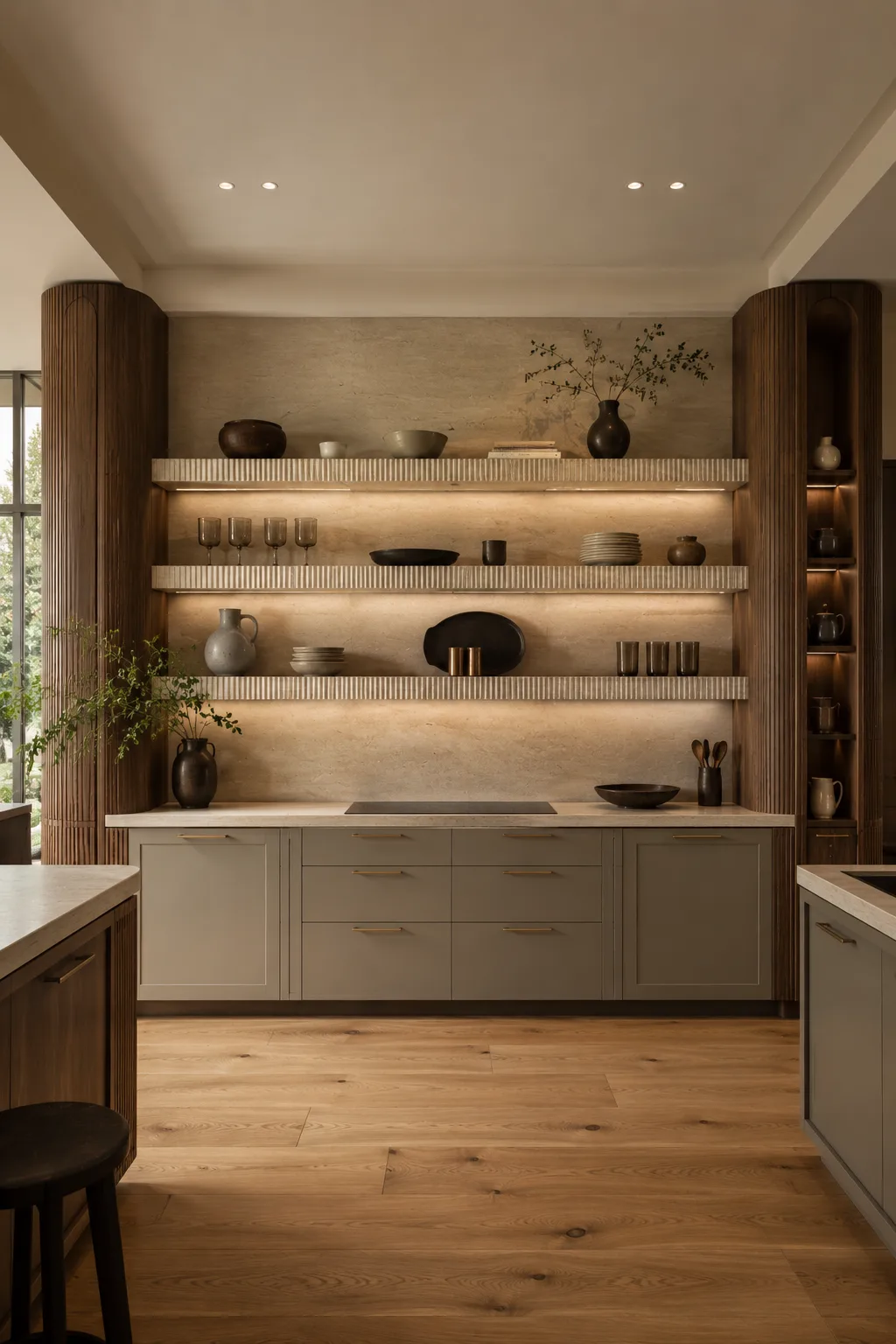 Luxury contemporary kitchen featuring three long ribbed stone open shelves framed by tall curved walnut towers, warm integrated shelf lighting, sculptural bowls, smoked glassware, stacked plates, dark pottery, narrow illuminated display niches, neutral cabinetry, and natural oak flooring.
