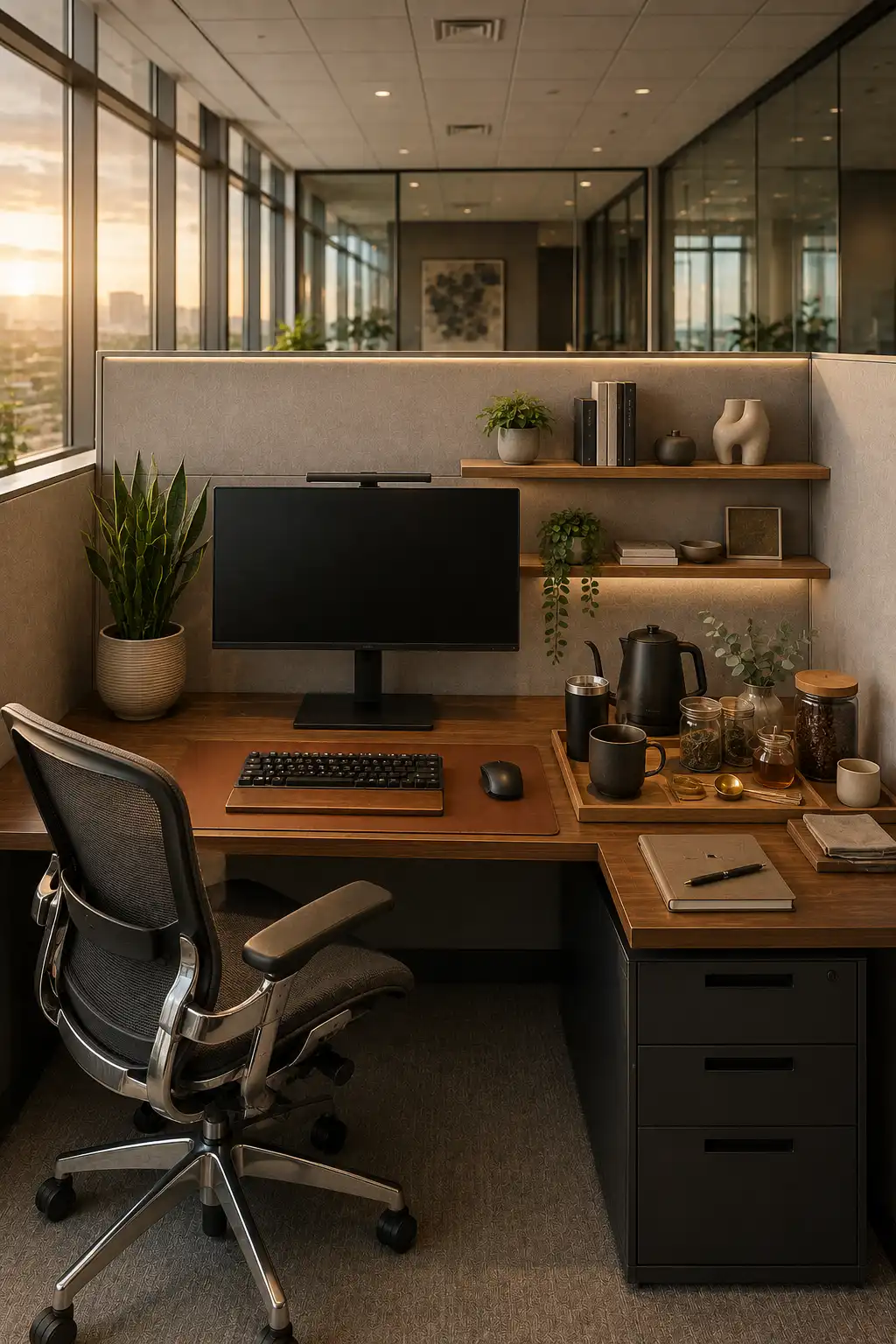 Luxury cubicle decor ideas with a cozy coffee station, decorative serving tray, coffee maker, floating shelves, indoor plants, warm LED lighting, wooden office desk, modern office styling, organized workspace, and premium office decor inspiration.