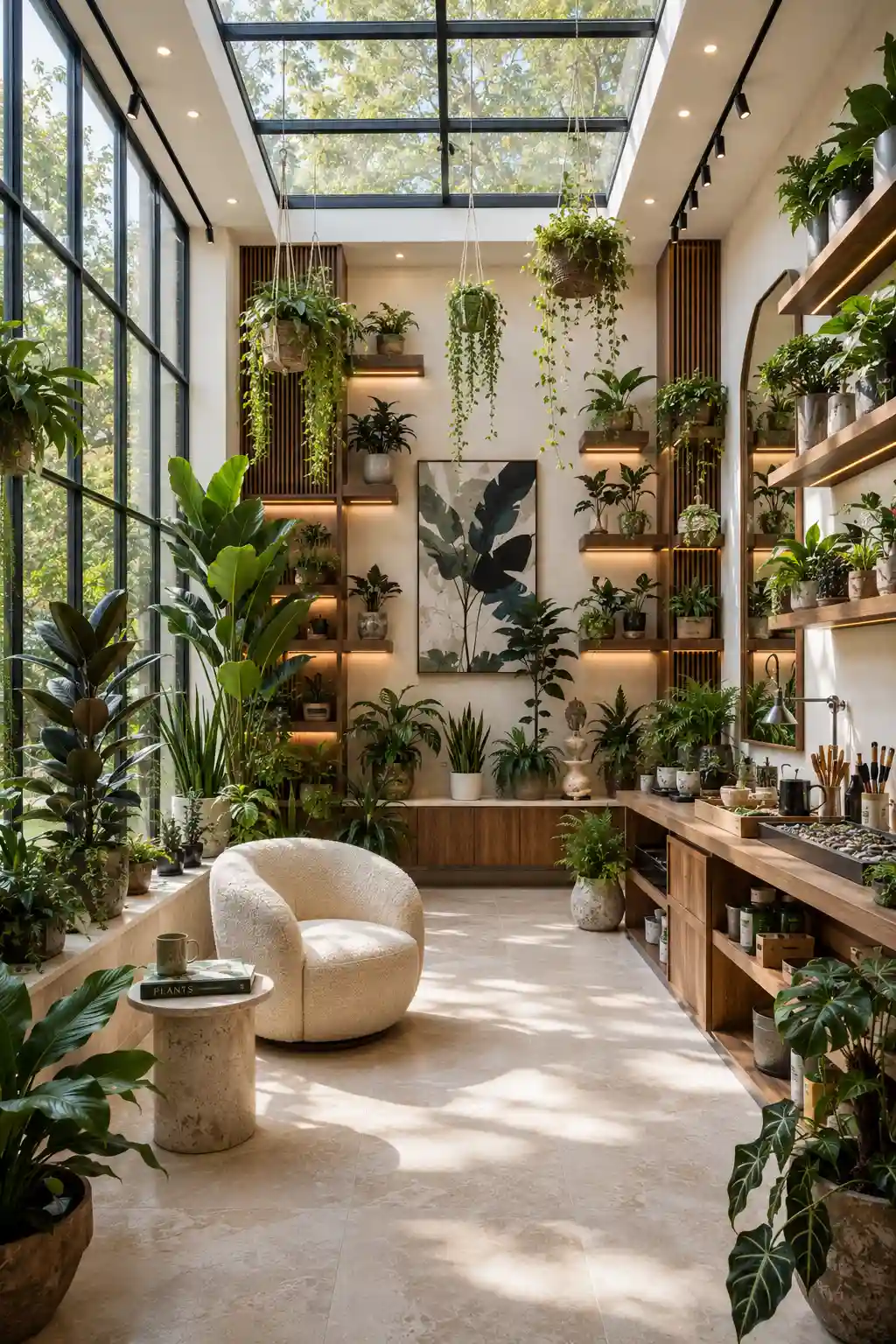 Luxury indoor garden hobby room featuring lush houseplants, custom wooden plant shelves, hanging planters, dedicated potting station, oversized glass windows, skylights, botanical decor, stylish ceramic planters, comfortable reading chair, natural daylight, modern indoor greenhouse, beautiful plant room ideas, luxury garden room inspiration, elegant indoor oasis.
