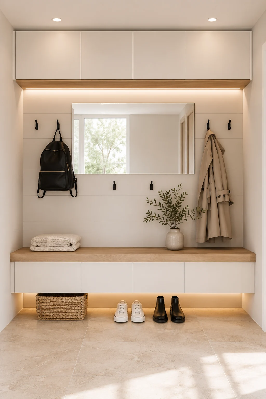 Simple modern IKEA mudroom with floating bench, oversized wall mirror, overhead storage cabinets, matte black hooks, hidden drawers, woven storage basket, and clean entryway organization for minimalist homes.