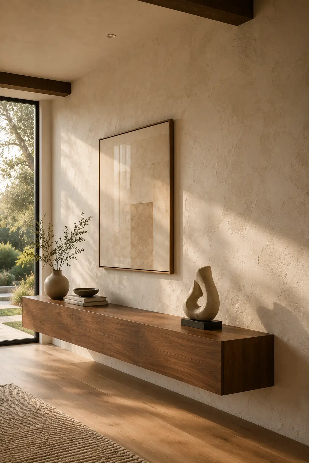 Minimalist mid century modern statement wall featuring a floating walnut sideboard, oversized neutral abstract artwork, sculptural stone decor, textured plaster wall, natural oak flooring, warm sunlight, clean luxury styling, contemporary designer living room inspiration.