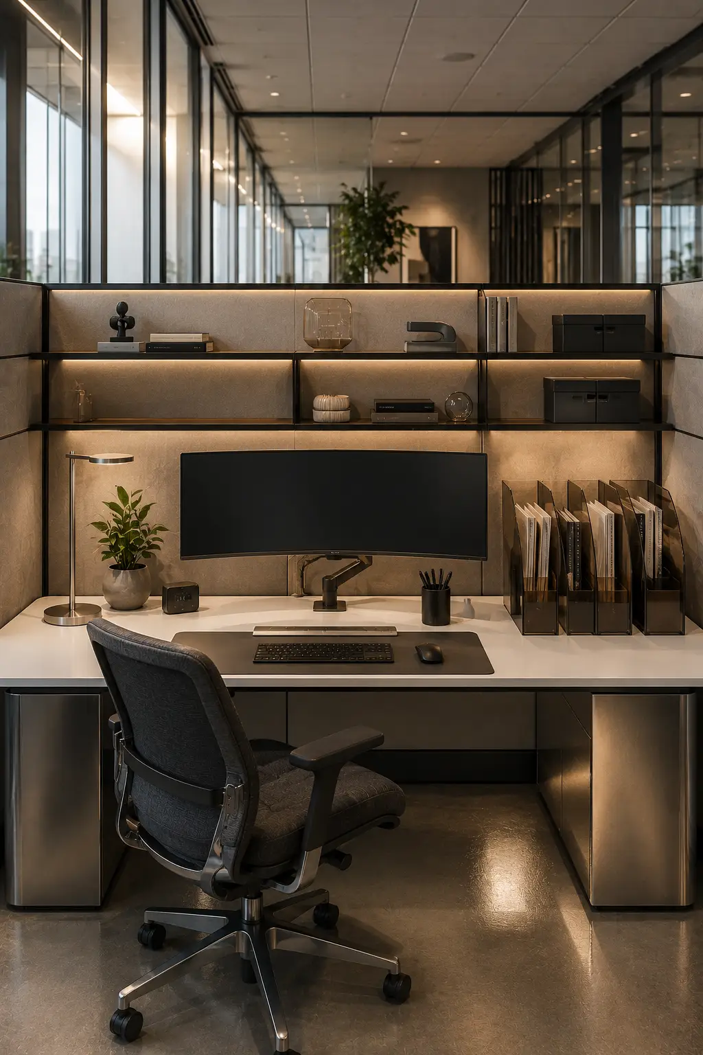 Premium executive cubicle decor ideas featuring illuminated floating shelves, curved ultrawide monitor, luxury office organization, modern file holders, indoor plants, LED accent lighting, minimalist office desk, contemporary workspace styling, and sophisticated executive office inspiration.