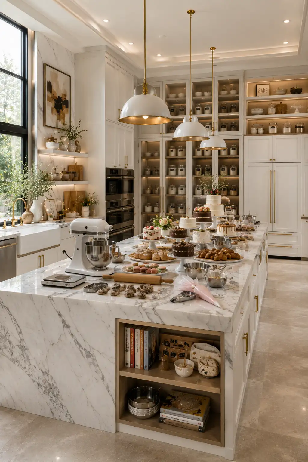 Luxury home baking studio featuring large center baking island, custom cabinetry, double wall ovens, open shelving, organized baking ingredients, marble style countertops, elegant pendant lighting, premium stand mixer, cake decorating station, stylish pantry storage, modern baking room ideas, luxury kitchen hobby room inspiration, professional home bakery design.