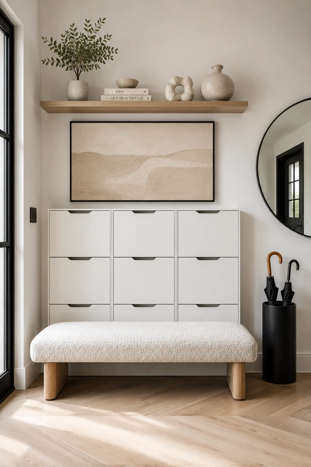 Modern IKEA entryway featuring shoe storage cabinets, upholstered bench seating, floating wood shelf, framed artwork, umbrella holder, decorative styling, and compact mudroom storage perfect for smaller entry spaces.