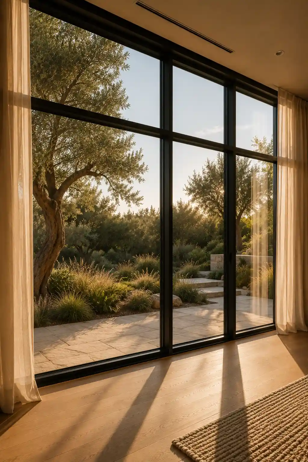 Floor to ceiling black framed windows in a luxury mid century modern living room overlooking a landscaped garden, sheer linen curtains, warm oak flooring, natural sunlight, indoor outdoor living, architectural glass wall, timeless modern home inspiration, elegant living room design.