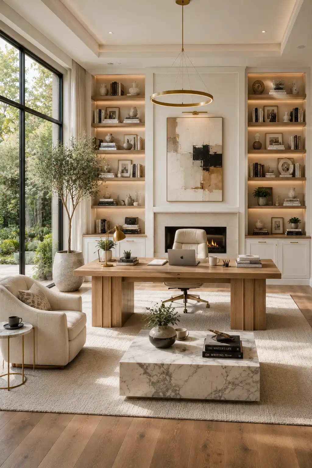 Luxury home office hobby room featuring executive wooden desk, floor to ceiling built in bookshelves, ergonomic office chair, oversized windows, elegant lighting, organized storage cabinets, decorative artwork, warm wood flooring, premium workspace, sophisticated office interior, modern productivity room ideas, stylish home office inspiration, luxury creative workspace.