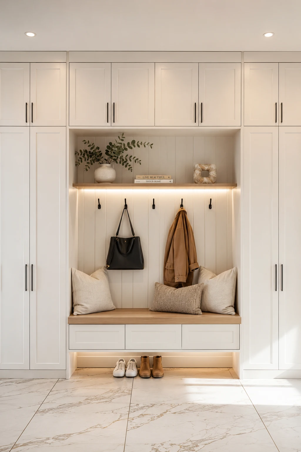 Elegant IKEA mudroom with white shaker cabinets, cozy built in bench seating, floating shelf, wall hooks, under bench storage, decorative pillows, warm LED lighting, and beautifully organized entryway storage for modern homes.