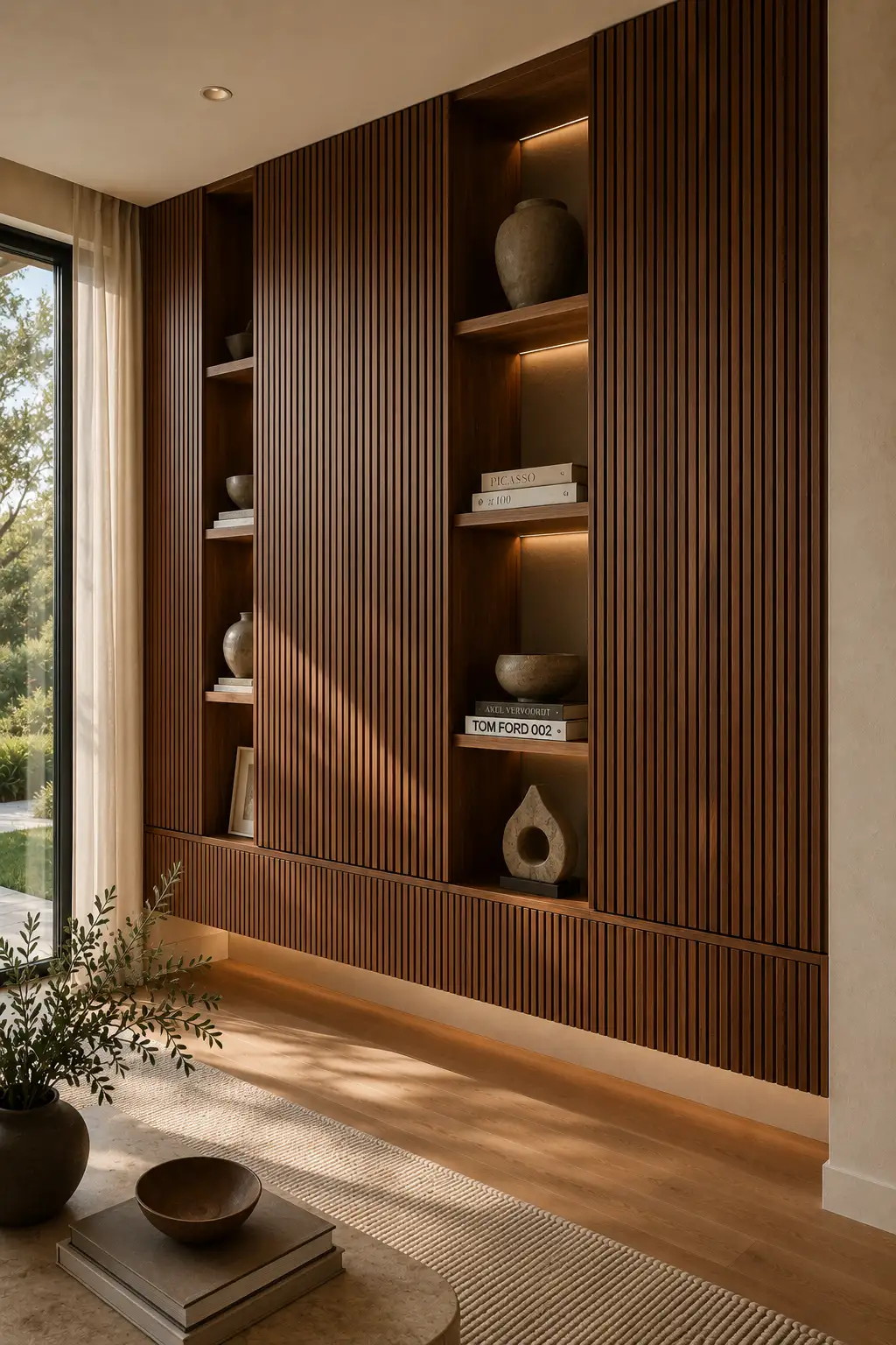 Luxury vertical walnut slat wall featuring recessed illuminated display niches, handcrafted ceramics, designer coffee table books, hidden storage cabinets, integrated LED lighting, textured neutral walls, contemporary architectural feature wall, mid century modern living room inspiration.