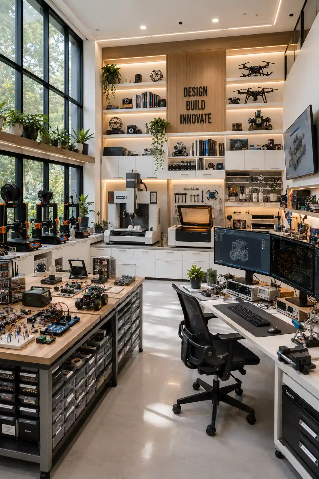 Luxury innovation lab hobby room featuring advanced 3D printers, electronics workbench, robotics workstation, laser engraver, soldering station, CAD computer setup, organized tool storage, illuminated display shelves, modern industrial lighting, smart cable management, futuristic maker space, high tech hobby room ideas, engineering workshop inspiration, professional invention lab.