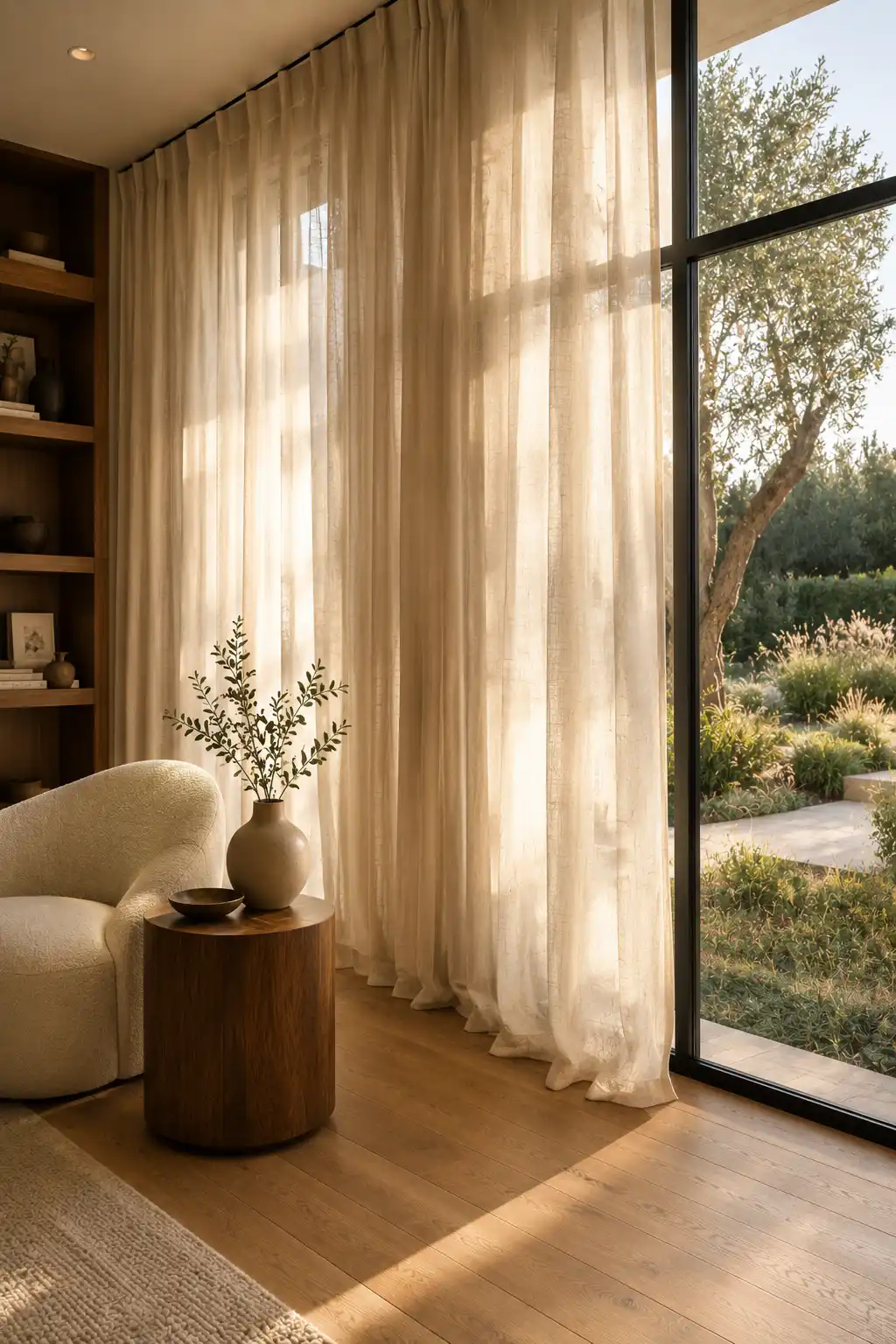 Elegant floor to ceiling sheer linen curtains in a mid century modern living room with black framed windows, warm natural sunlight, walnut shelving, boucle accent chair, wooden side table, soft neutral palette, luxury window treatment ideas, timeless contemporary home decor inspiration.