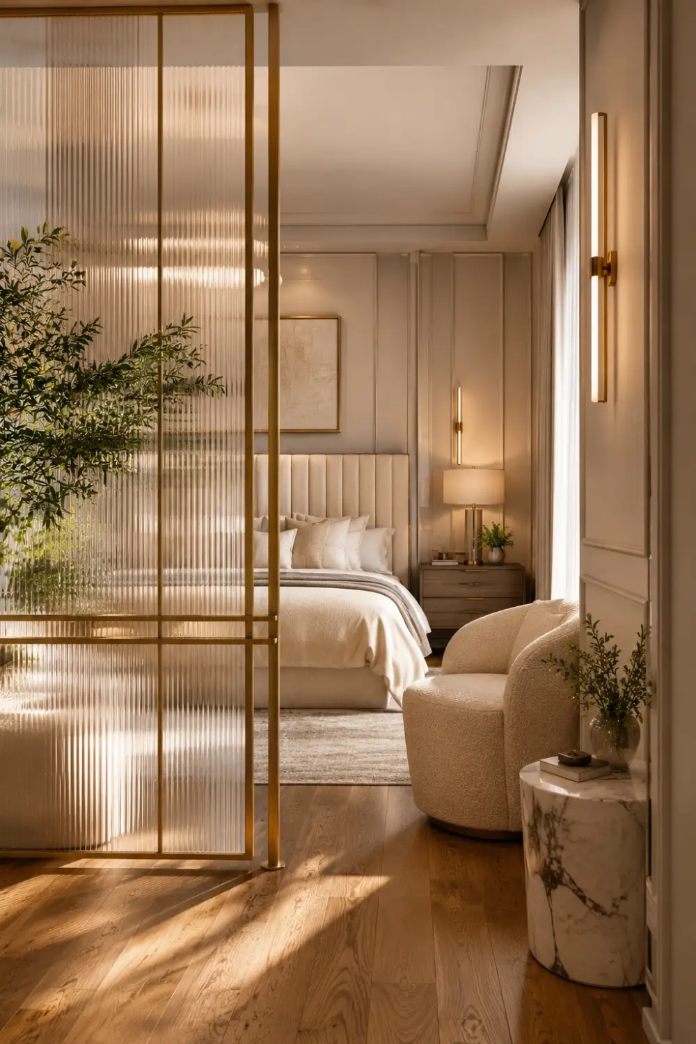 Luxury fluted reeded glass partition with elegant brass frame dividing a modern bedroom, warm wood flooring, upholstered bed, marble side table, neutral décor, soft lighting, stylish privacy divider, contemporary bedroom design, and high end home interior inspiration.