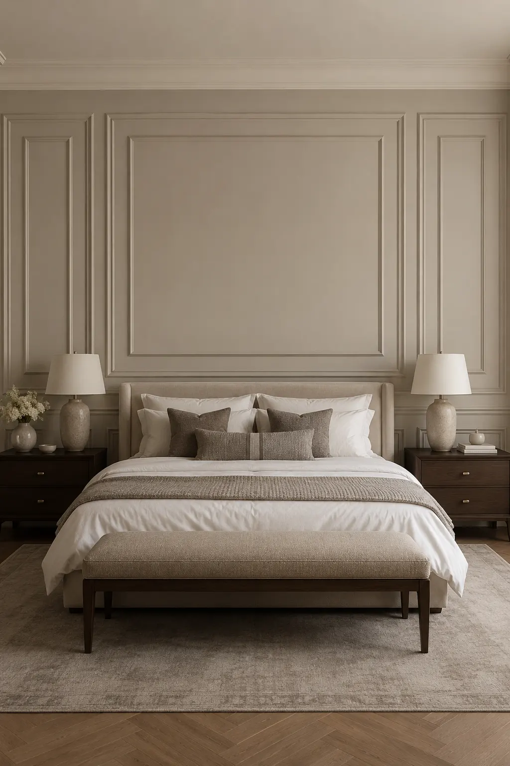 Elegant neutral bedroom featuring decorative wall molding and classic picture frame paneling behind an upholstered bed, styled with layered white bedding, taupe accent pillows, dark wood nightstands, matching ceramic lamps, and sophisticated warm greige bedroom decor.