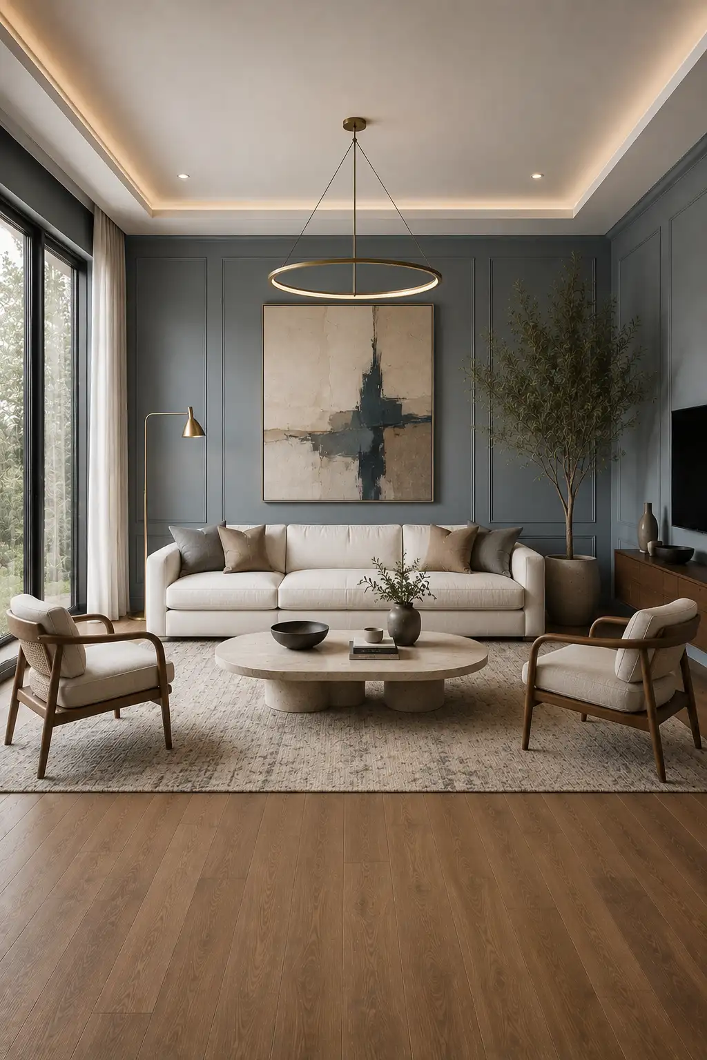 Elegant modern living room with sophisticated charcoal gray walls, a cream sofa, two wood framed neutral accent chairs, an oval stone coffee table, warm oak flooring, a large textured area rug, abstract artwork, indoor greenery, and contemporary statement lighting.