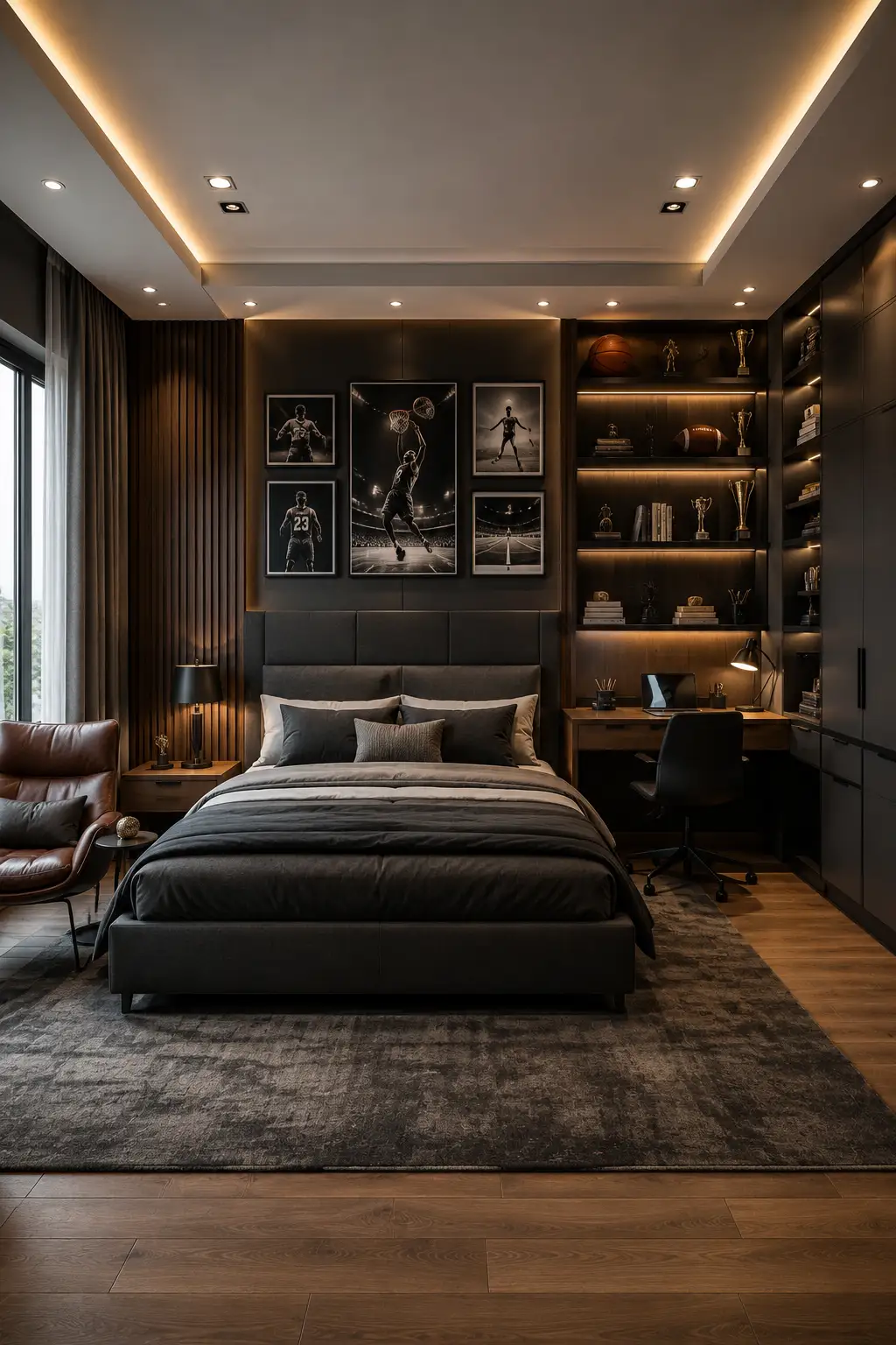 Luxury sports inspired boys’ bedroom featuring charcoal walls, warm walnut panels, dark upholstered bed, layered gray bedding, framed basketball wall art, trophy display shelves, sports decor, built in study desk, brown leather lounge chair, and warm architectural lighting.