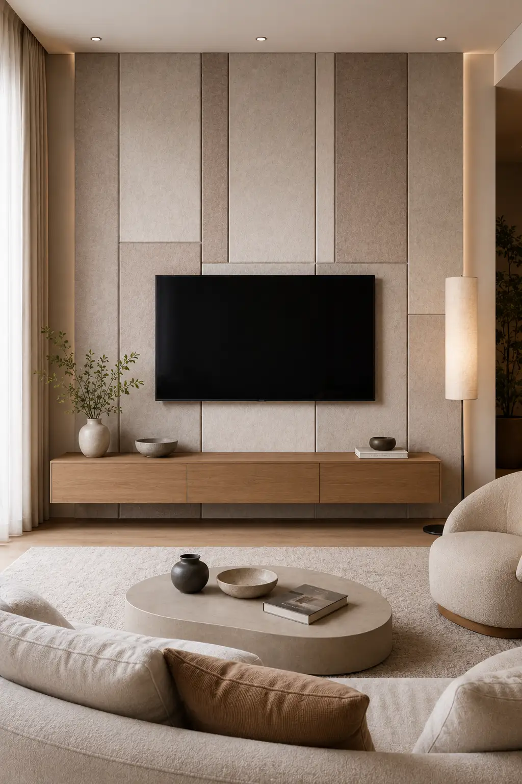 Modern acoustic felt panel TV wall featuring large oatmeal and warm greige textured panels, a wall mounted television, floating natural wood media console, curved cream sofa, neutral coffee table, soft area rug, and elegant contemporary living room styling.