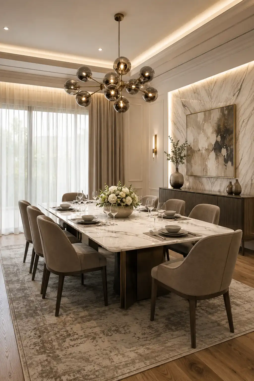 Contemporary luxury dining room featuring a large rectangular stone dining table, taupe upholstered chairs, a dramatic smoked glass globe chandelier, illuminated stone feature wall, oversized abstract artwork, elegant wall molding, layered neutral curtains, soft area rug, and warm recessed ceiling lighting.