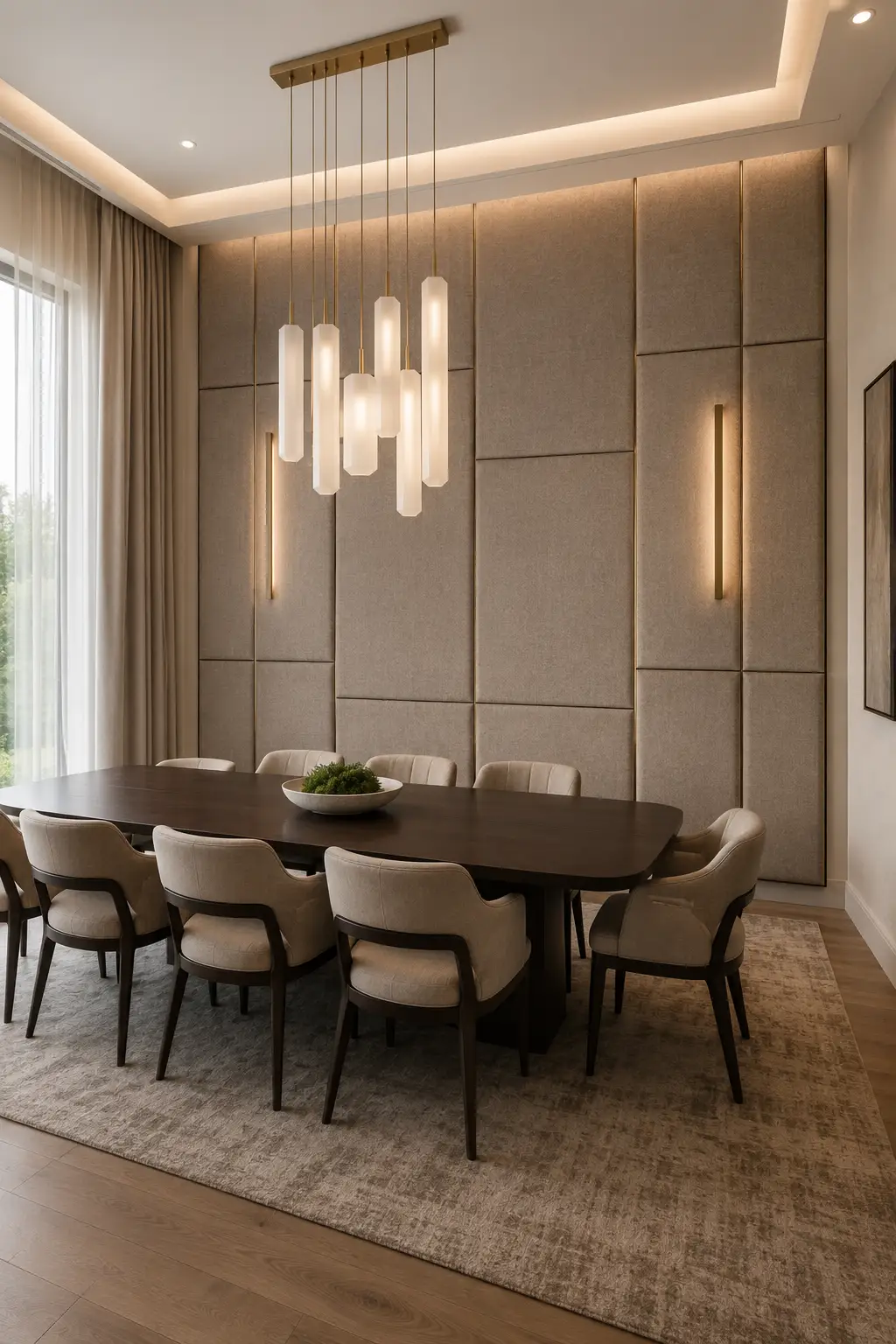 Luxury modern dining room featuring floor to ceiling upholstered wall panels in warm taupe fabric, slim metallic trim details, elegant vertical wall sconces, dark wood dining table, cream upholstered chairs, and a statement glass pendant chandelier.