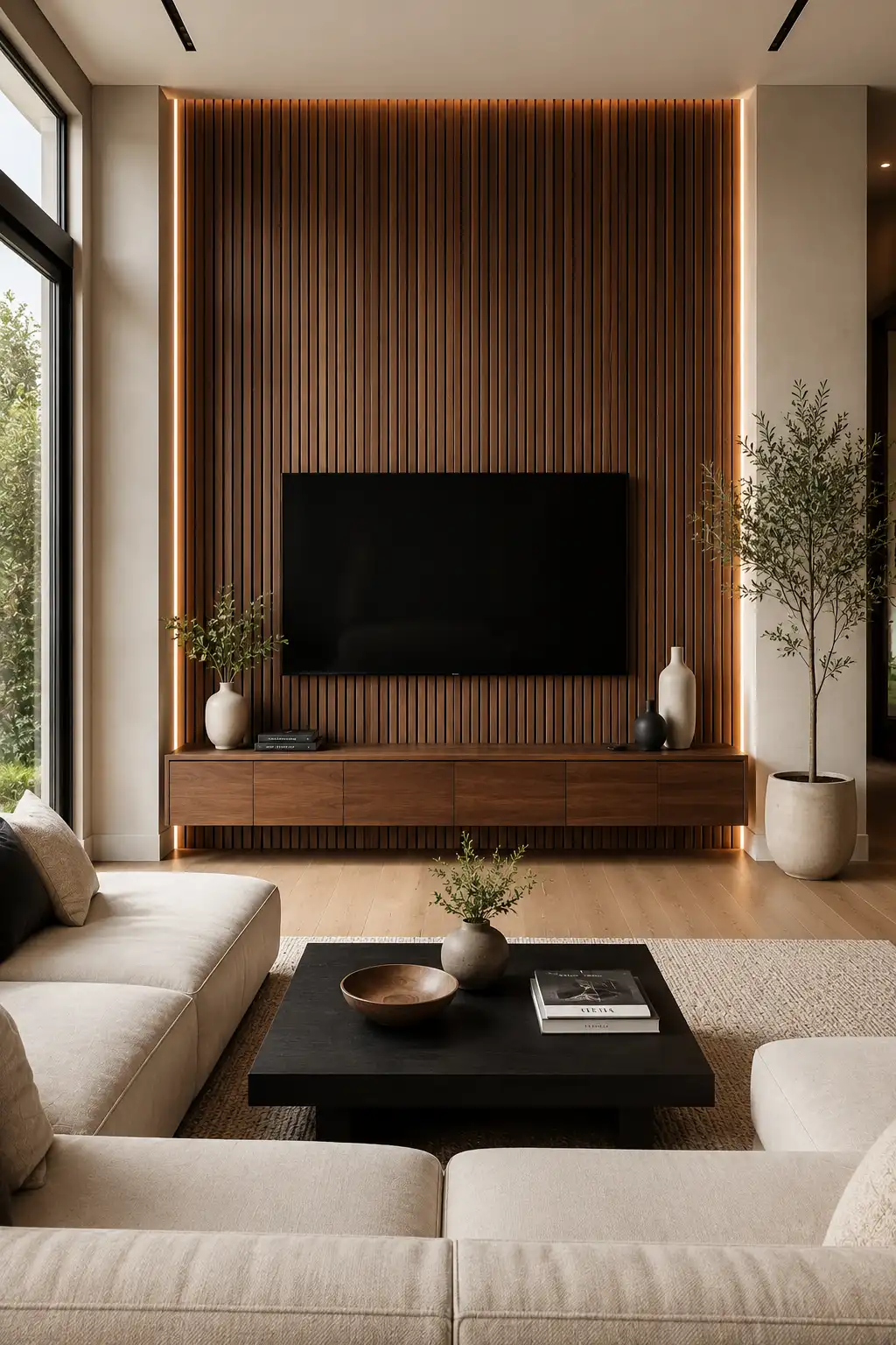 DIY vertical walnut wood slat TV feature wall in a modern living room with a floating wood media console, hidden warm LED lighting, cream sectional sofa, oak flooring, black coffee table, indoor olive tree, textured area rug, large windows, and contemporary luxury home décor.