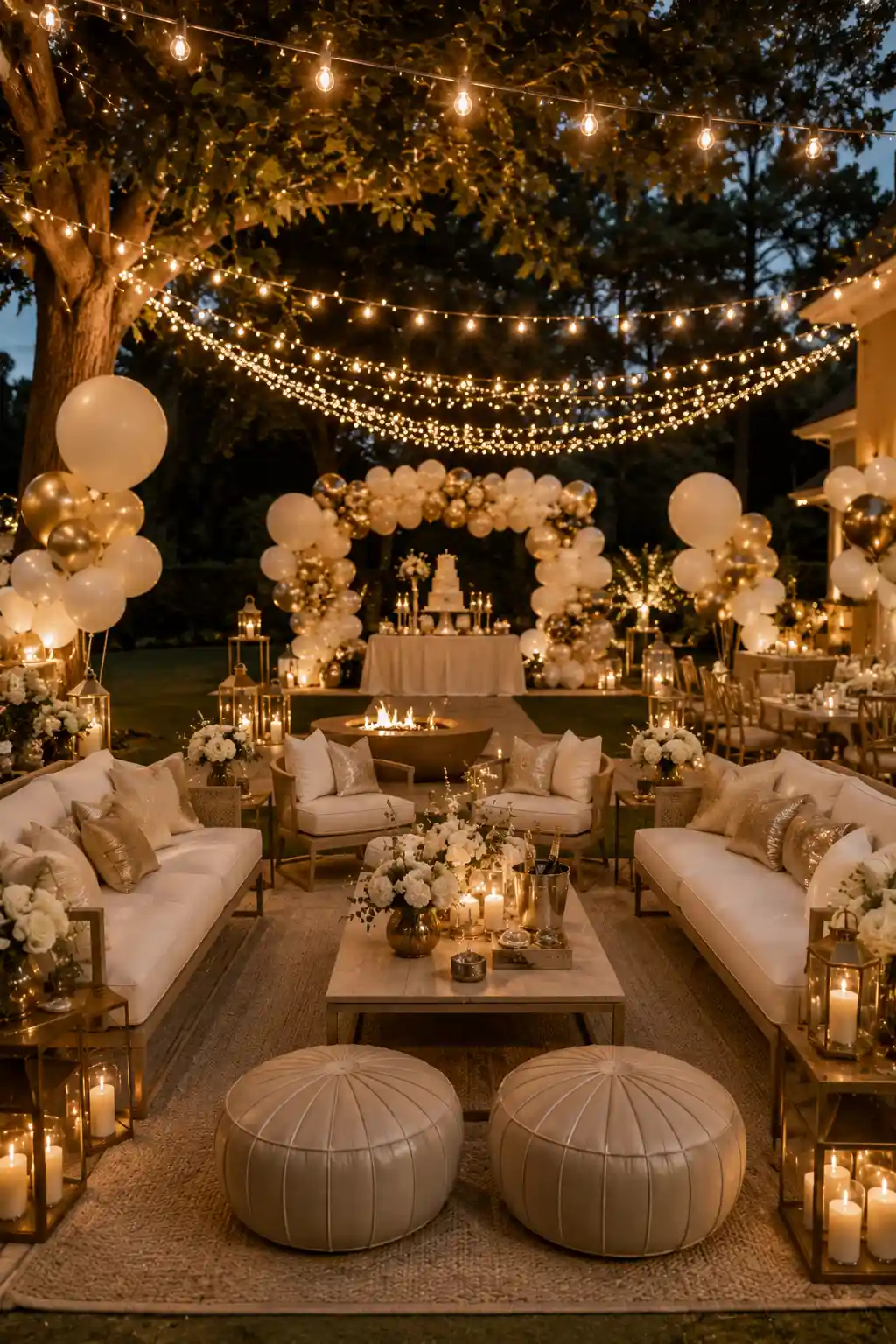 Luxury outdoor birthday lounge setup with elegant white sofas, cozy seating area, string lights, fire pit, white and gold balloon decorations, floral centerpieces, candles, balloon arch, and stylish backyard birthday party decor for an unforgettable evening celebration.