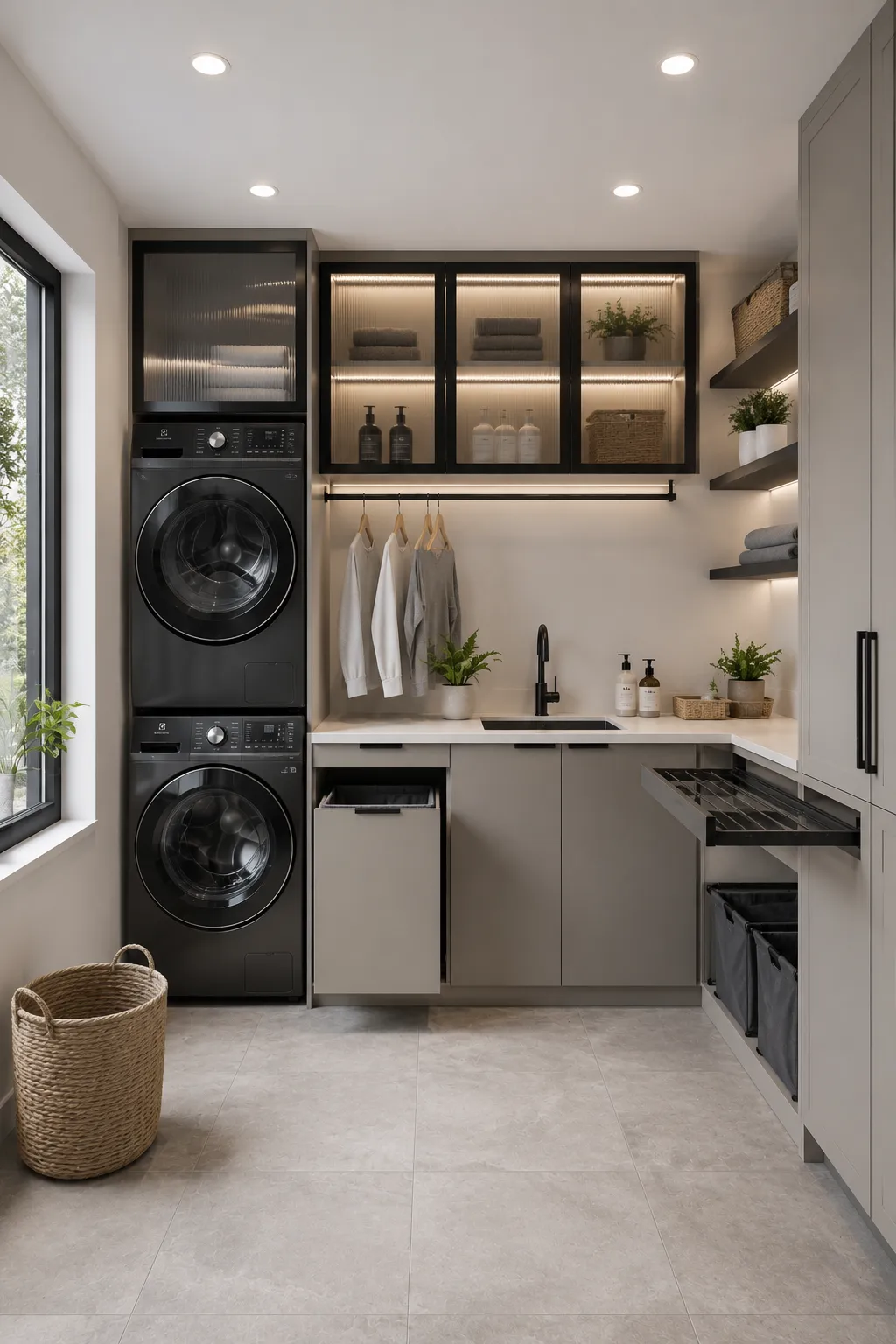 Modern fluted glass cabinet laundry room with stacked washer and dryer, illuminated glass upper cabinets, white quartz countertop, integrated utility sink, pull out laundry hampers, floating shelves, warm LED lighting, light porcelain flooring, and smart storage solutions for a stylish utility room.
