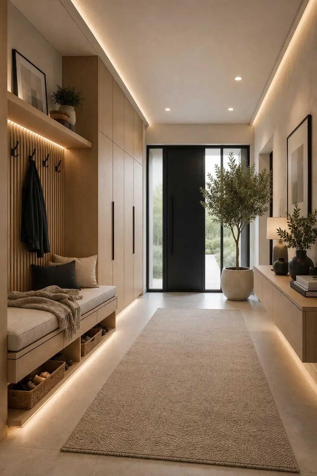 Luxury built in storage entrance hall with floor to ceiling cabinets, upholstered bench seating, concealed shoe storage, open cubbies, warm oak wood panels, integrated LED lighting, matte black wall hooks, modern front door, large porcelain flooring, indoor plants, and a beautifully organized contemporary family entryway.