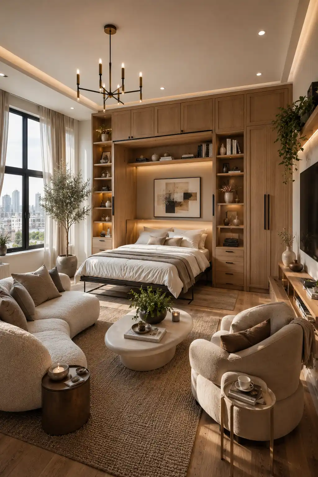 Elegant studio apartment with a custom Murphy bed and built in storage cabinets, warm oak wall unit, floating shelves, hidden wardrobes, integrated LED lighting, modern cream sofa, luxury neutral decor, large windows, organized small apartment layout, multifunctional furniture, and stylish space saving bedroom design for compact homes.