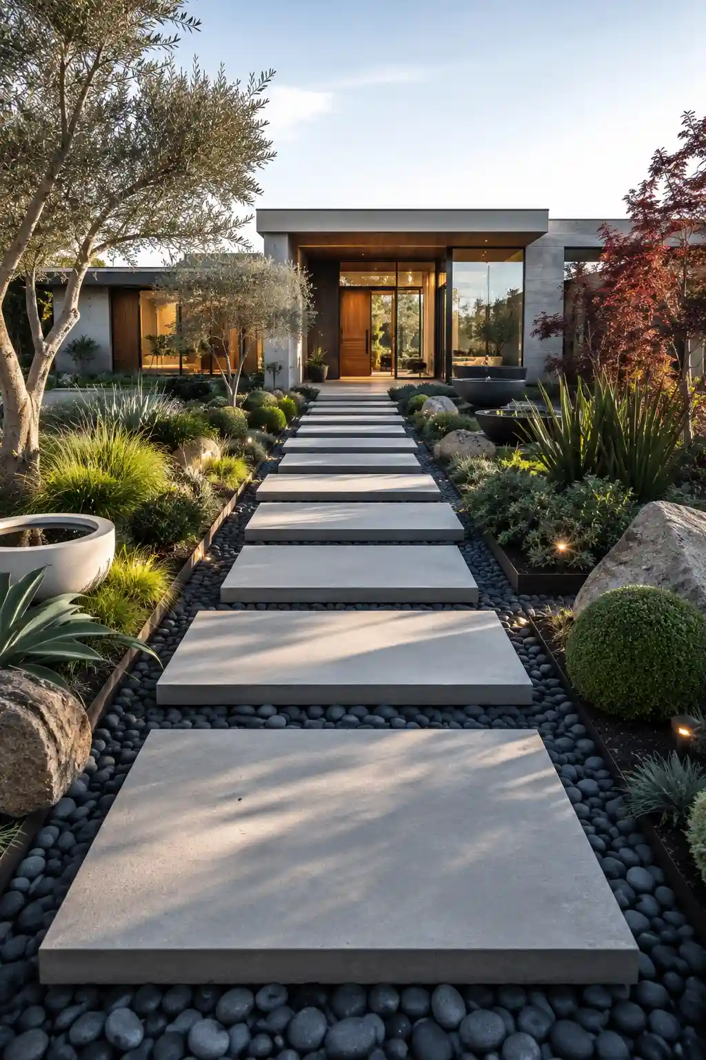 Floating concrete stepping stone garden with oversized modern pavers over polished black river pebbles, sculptural olive trees, ornamental grasses, architectural shrubs, luxury contemporary landscaping, geometric garden pathway, modern front yard entrance, premium landscape design, decorative gravel, elegant outdoor hardscaping, minimalist backyard inspiration, luxury garden walkway, contemporary residential landscape, and high end outdoor living ideas.